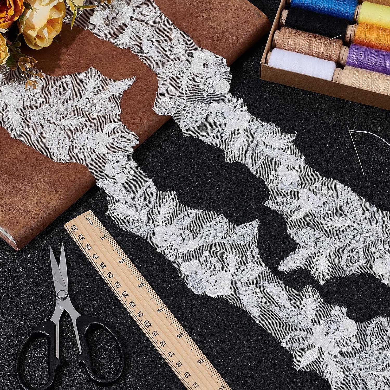 2 Yards Beaded Sequin Flower Lace Trim, Ivory White Embroidered Lace Ribbon, Floral Trim with Sequins and Beads for Clothing Wedding Dress Lace Fabric DIY Decoration