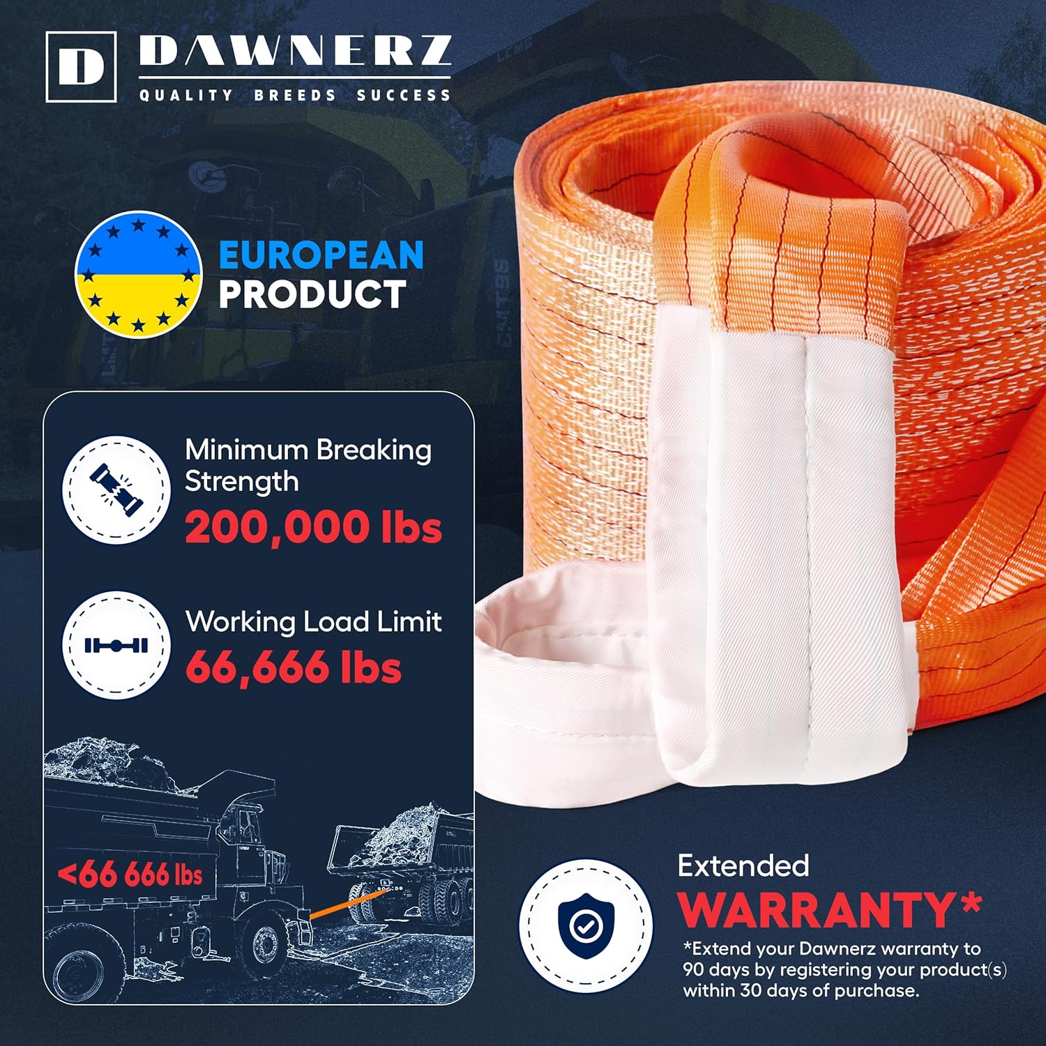 Tow Strap Heavy Duty 30ft 200000 lbs Minimum Break Strength - Recovery Tow Rope 100 US Tons 9 m for Dump Trucks and Semi Tractor Trailer Trucks