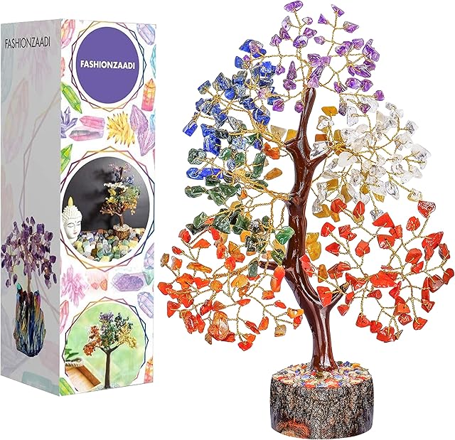 FASHIONZAADI Seven Chakra Gemstone Tree Reiki Healing Crystal Money Trees Feng Shui Gift Handmade Crystals & Stone Tree House Decoration Table Decor Good Luck Best Gift Size 10-12 Inch (Golden Wire)
