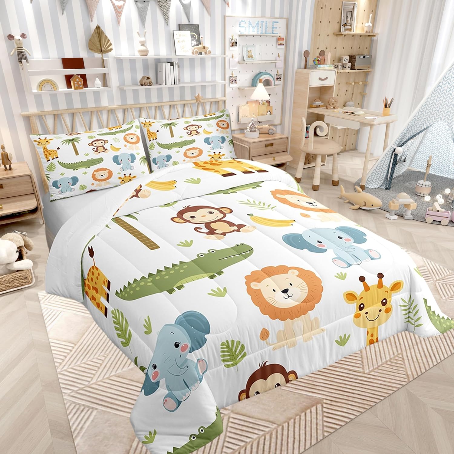 Castle Fairy Wildlife Twin Comforter Sets for Kids Girls Teens,Jungle Cartoon Animals Bedding Sets Youth Men Bedroom Decor,Cute Lion Elephant 2 Pieces Quilt Set,Cartoon Tropical Plants Duvet Insert