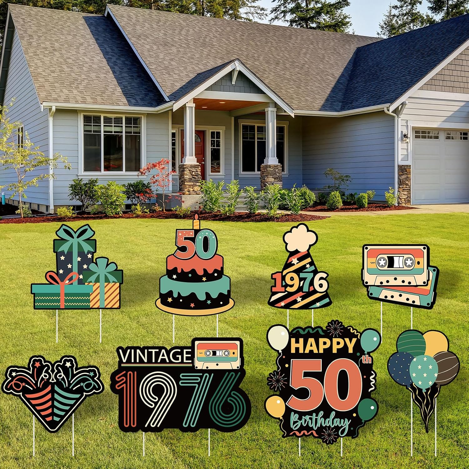 8Pcs 50th Birthday Yard Sign Decorations Vintage 1976 Lawn Sign Party Supplies Retro Styled Fifty Year Old Outdoor Garden Lawn Decor with Stakes for Men Women Home Birthday Party Outdoor Yard Decor