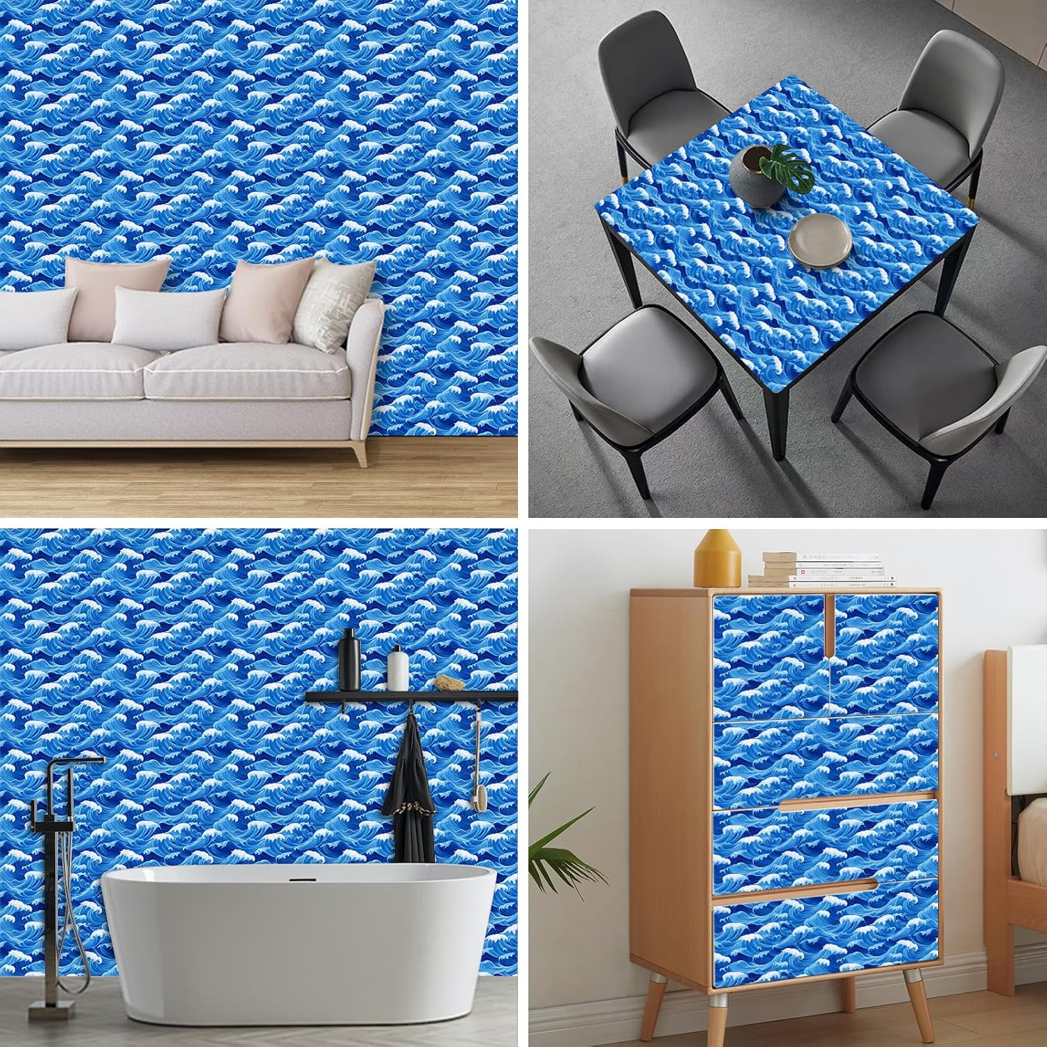 HOMETITUTE Ocean Blue Wave Pattern Wallpaper Peel and Stick Self Adhesive Vinyl Wall Covering 118.1" x 17.7" for Living Room Bedroom Kitchen Decor