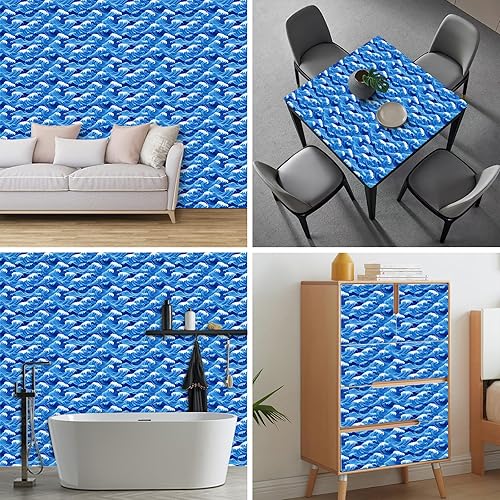 Miniatura 5 de Papel tapiz autoadhesivo con patrón de ondas azules oceánicas, 118.1 x 17.7 pulgadas, para decoración de sala de estar, dormitorio, cocina