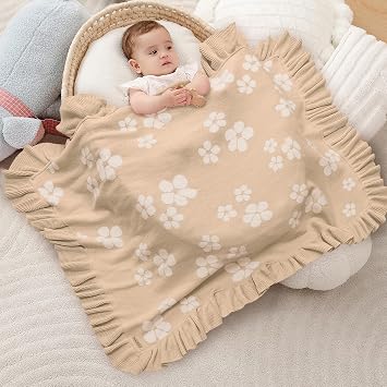 Cotton Baby Blanket | 30x40 Inches Knitted Receiving Blanket with Ruffled Edges & Floral Design for Newborns, Crib & Stroller Use, Premium Gift Choice (Beige)