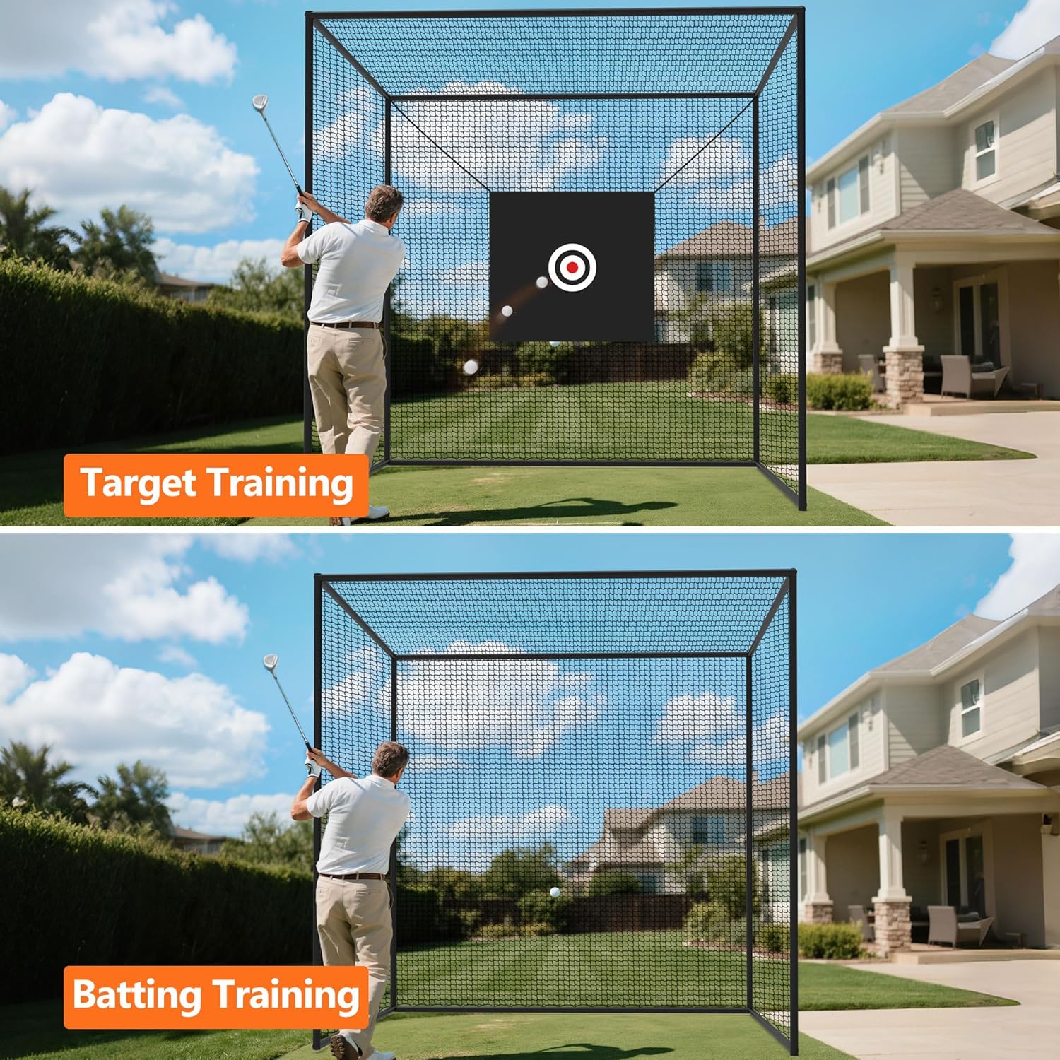 Golf Batting Cage Netting Golf Practice Nets with Target Net, 10ft x 10ft x 10ft Frame NOT Included, with 4 Carabiners and 2 Tie Rope, for Backyard, Black