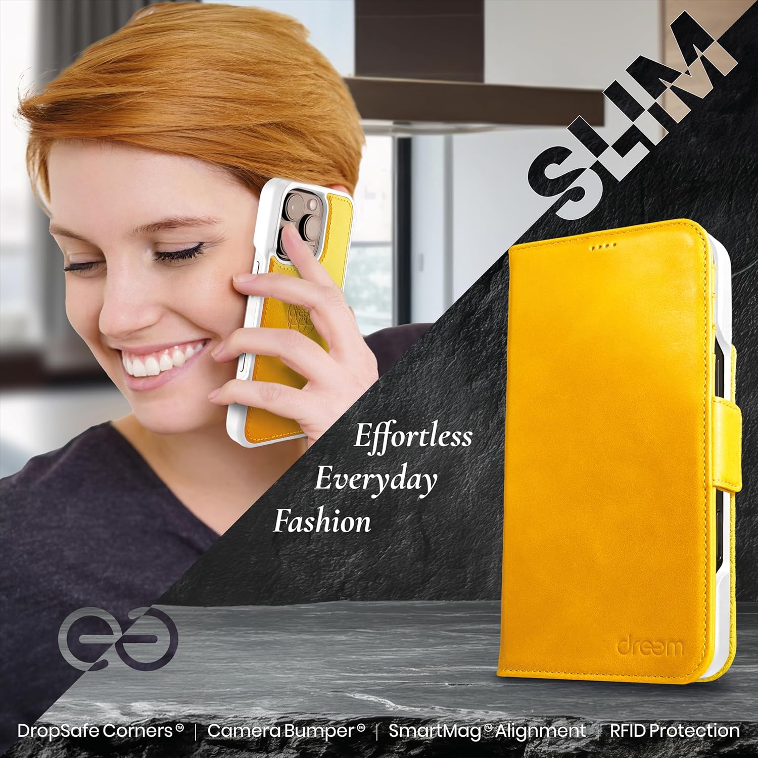 Dreem Wallet Case for iPhone 15 Pro, Revolutionary Vert/Hor Phone Stand, Magnetic Detachable Vegan Leather Flip Cover RFID Blocking Card Holder, MagSafe-Fit, Gift Box [Fibonacci: Yellow]