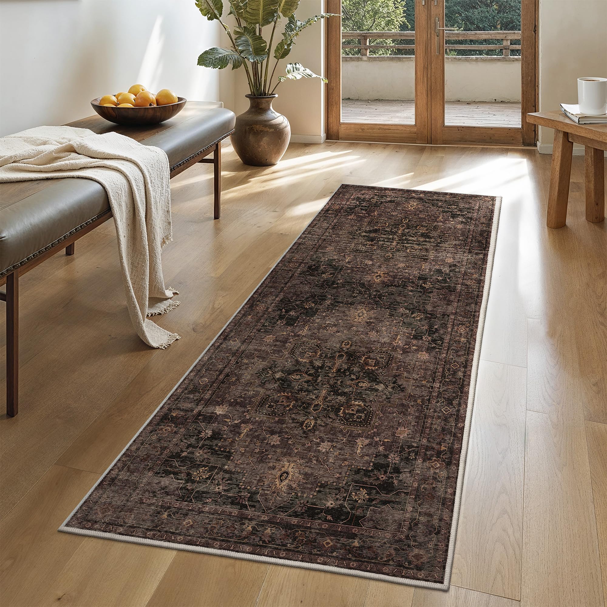 GENIMO Rug Living Room 80x150cm, Rug Machine Washable, Boho Area Rugs, Non-Slip Carpet, Low Pile, Non-Shedding, Traditional Oriental Printed Design, Office, Bedroom, Indoor, Vintage Dark Brown โ image 1