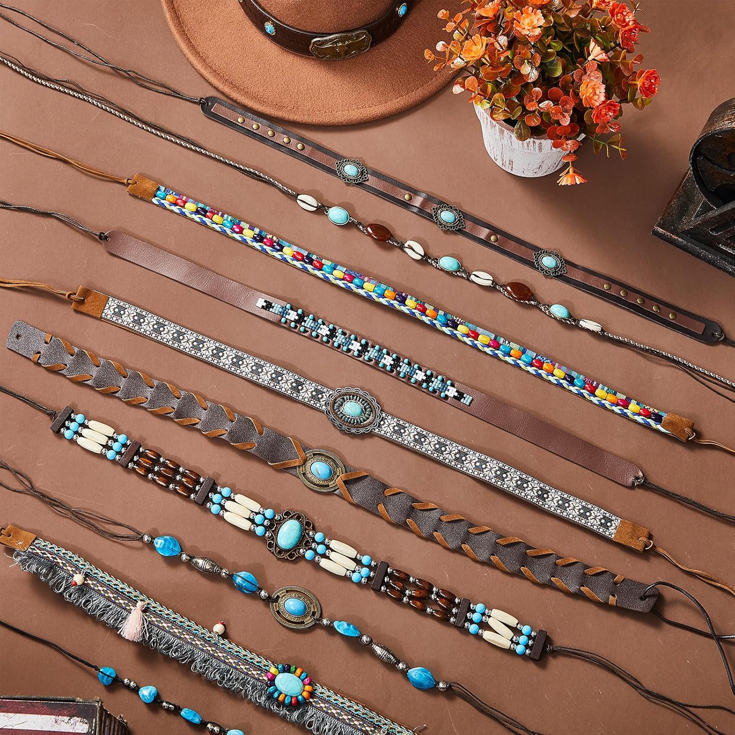Lyrow 12Pcs Hat Bands for Cowboy Hat Leather Turquoise Beaded Bands Ethnic Western Rural Belts for Women Men Cowgirl - Image 4