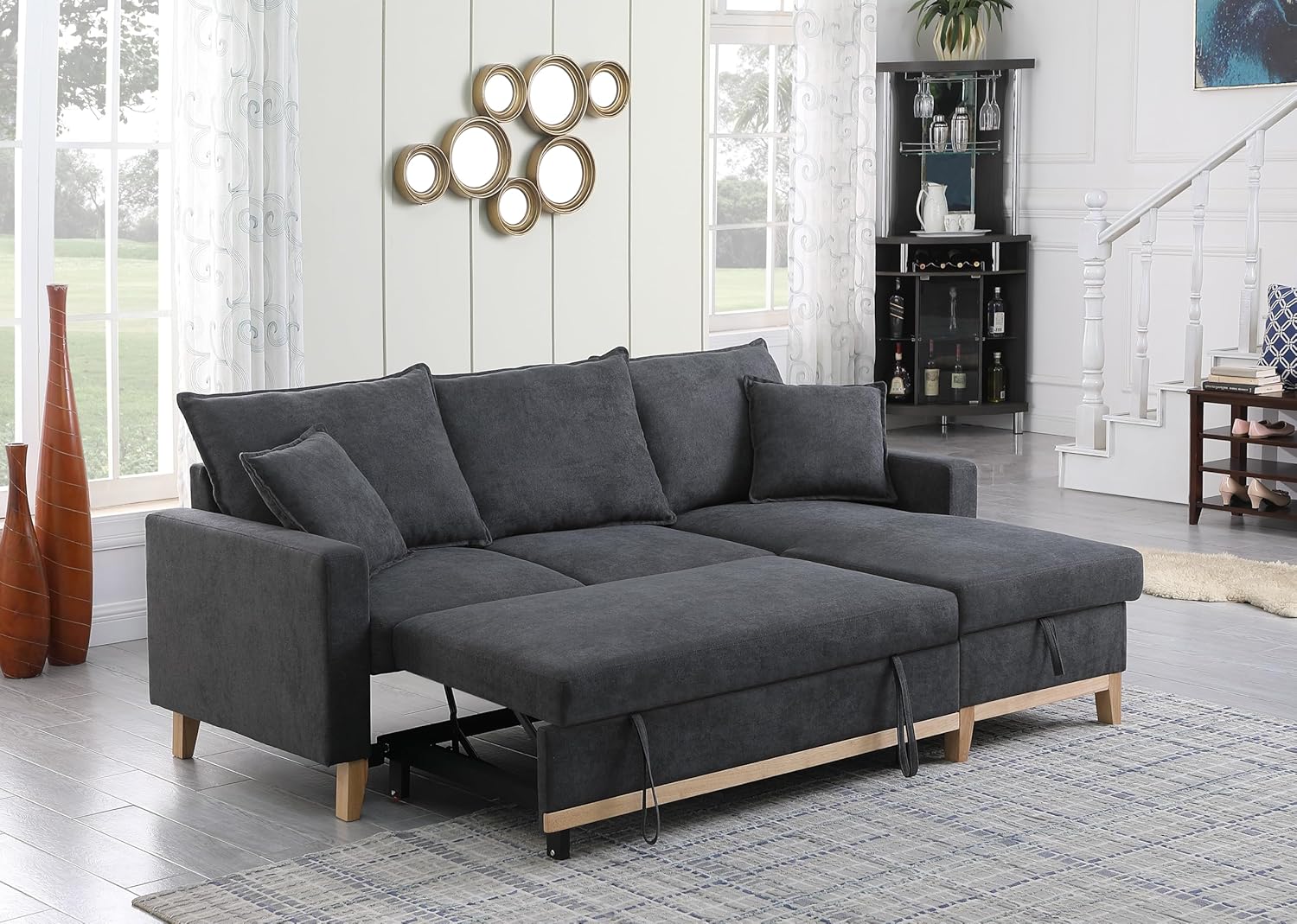 Lilola Home Colton 84.25" W Dark Gray Woven Fabric Reversible Sleeper Sectional Sofa with Pull-Out Bed and Storage Chaise – Modern L-Shaped Couch for Living Room or Apartment