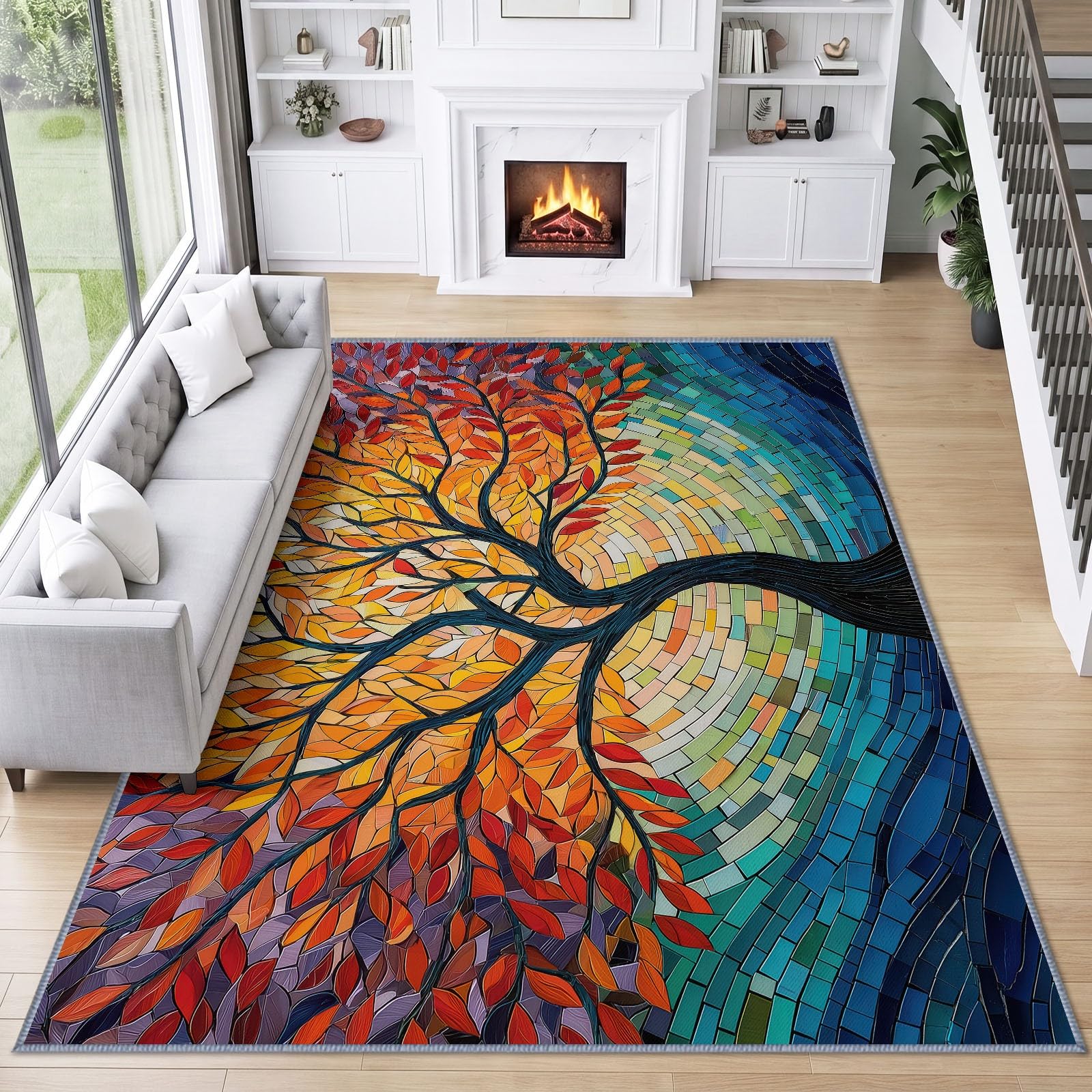 Tapis de Salon Arbre Vie Arc en Ciel 160 x 230 cm Garçons Filles Adolescents, Art Fantastique Tapis de Chambre 3D Imprimé Flanelle Lavable Moquette Coucher Cuisine Bureau