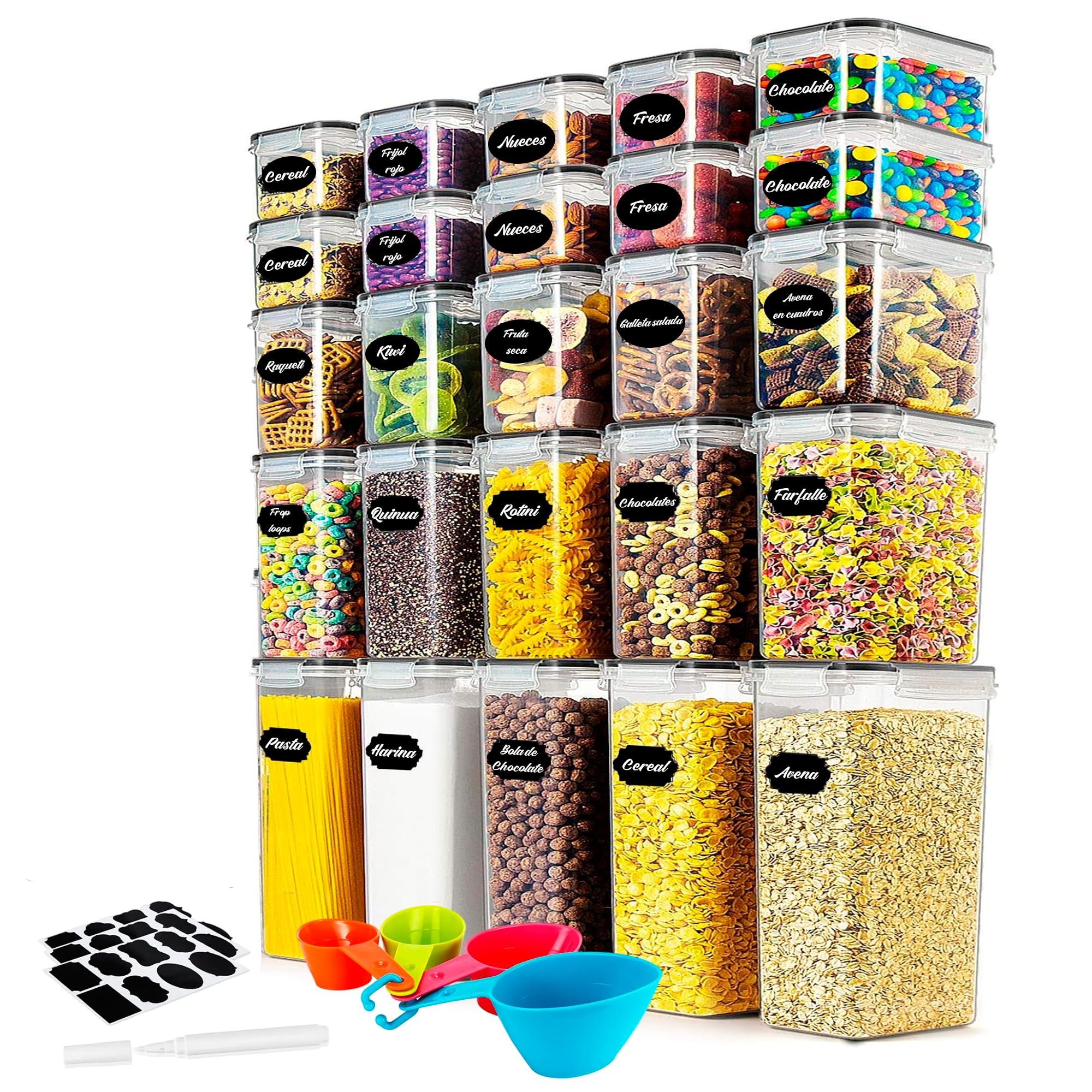 JUPPLIES Contenedores Cocina - Recipientes Herméticos de Plástico para Alimentos – Tarros y Botes para Cereales, Pasta, Granos y Harina
