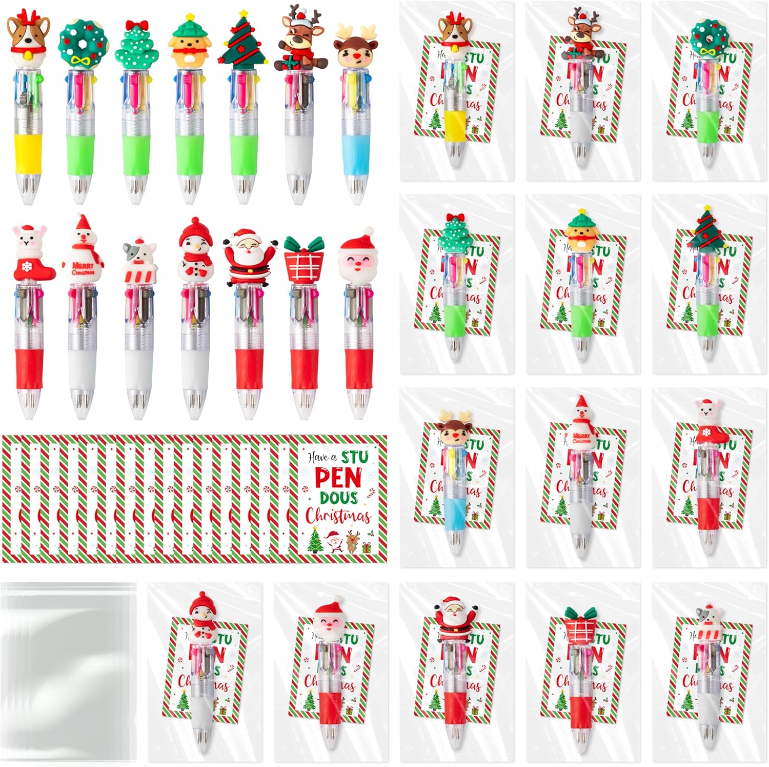 ANGOLIO 112Sets End of Year Student Gift Includes Cute Cartoon 4 in 1 Multicolor Retractable Ballpoint Pen with Gift Cards for Kindergarten Party Gifts Summer Graduation School Classroom Reward Favor