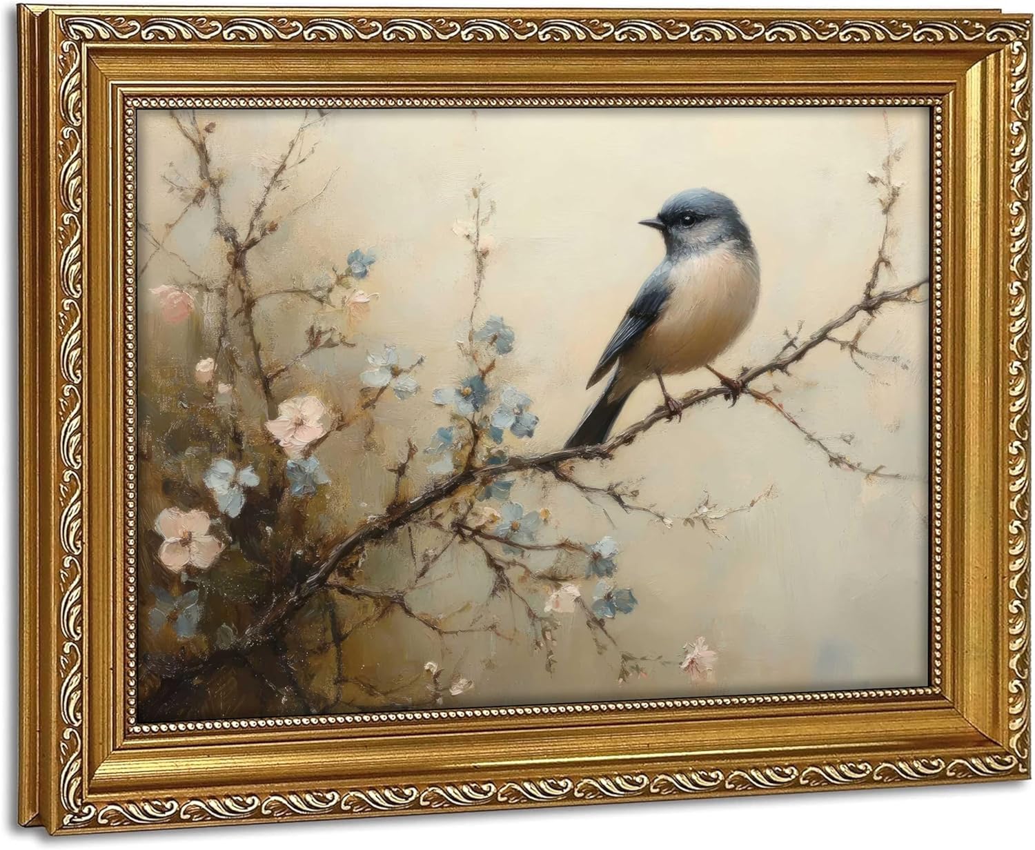 Gold Framed Bird Canvas Wall Art Vintage Blue Flowers Birds Rustic Farmhouse Painting Picture Wall Decor Poster Print Artwork for Living Room Bedroom Home Decoration