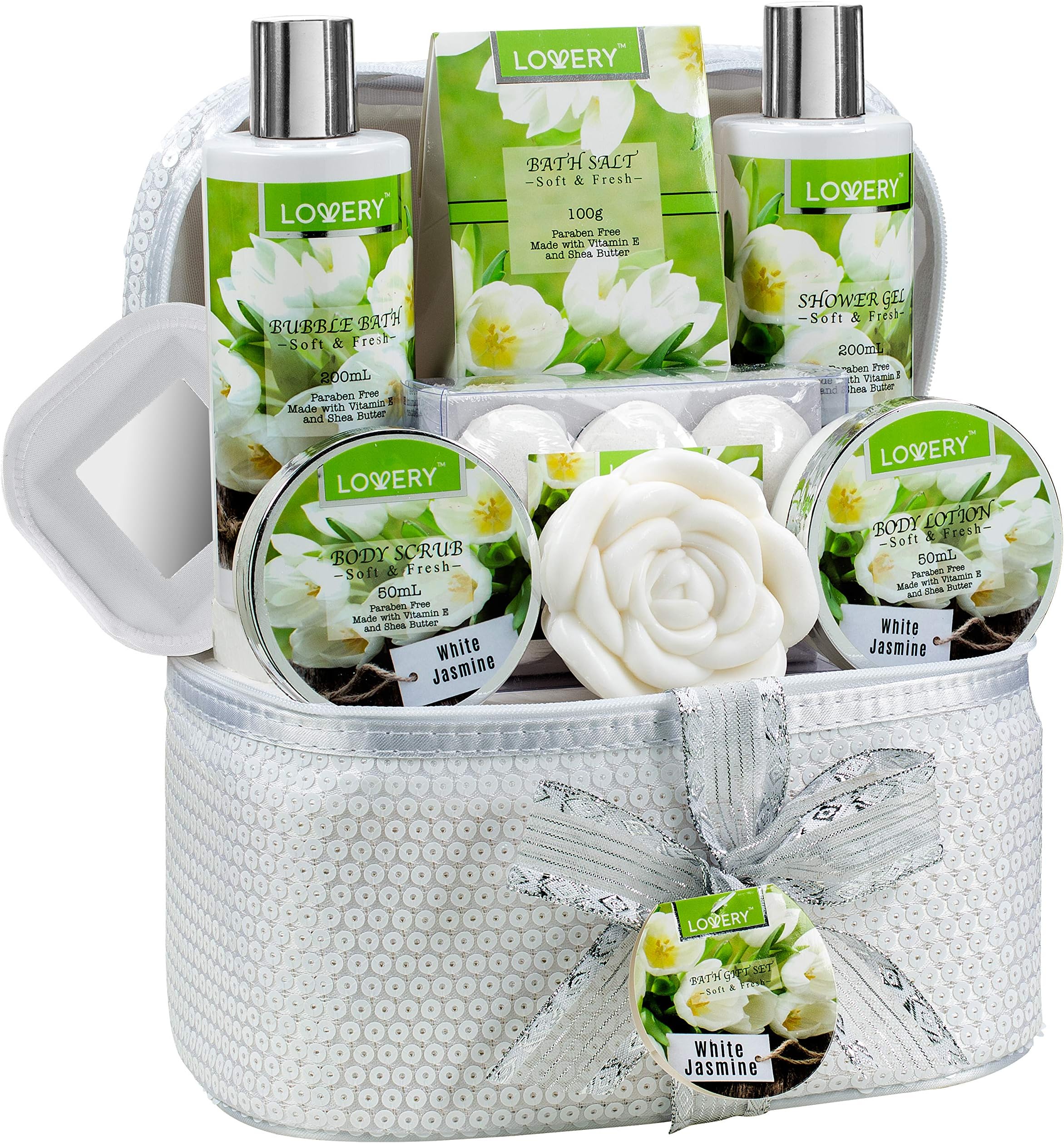 Bath and Body Gift Basket For Women & Men, 14 Piece Set in White Jasmine Scent - Home Spa Set with 6 Bath Bombs, Body Lotion, Rose Soaps, Hand Crafted White Sequined Cosmetics Bag and More