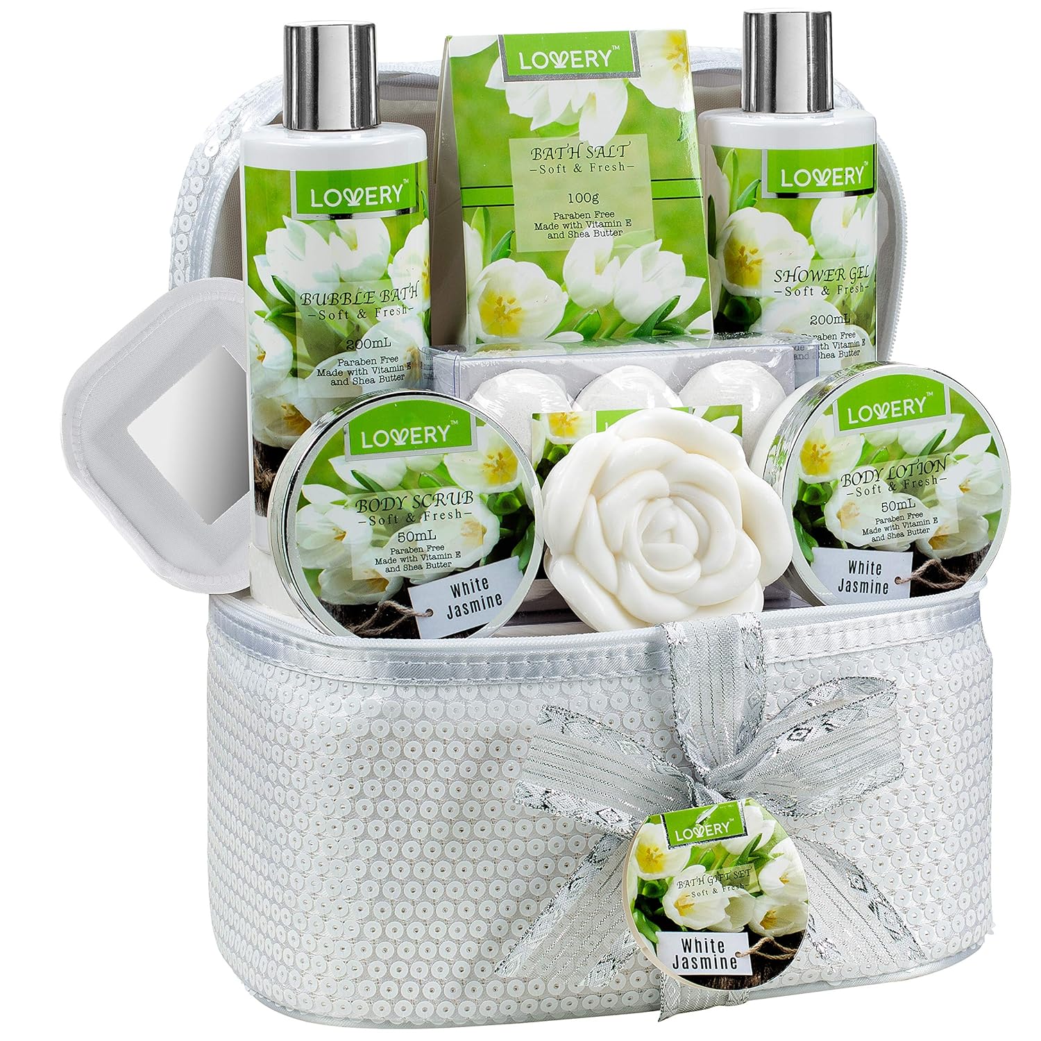 Bath and Body Gift Basket For Women & Men, 14 Piece Set in White Jasmine Scent - Home Spa Set with 6 Bath Bombs, Body Lotion, Rose Soaps, Hand Crafted White Sequined Cosmetics Bag and More