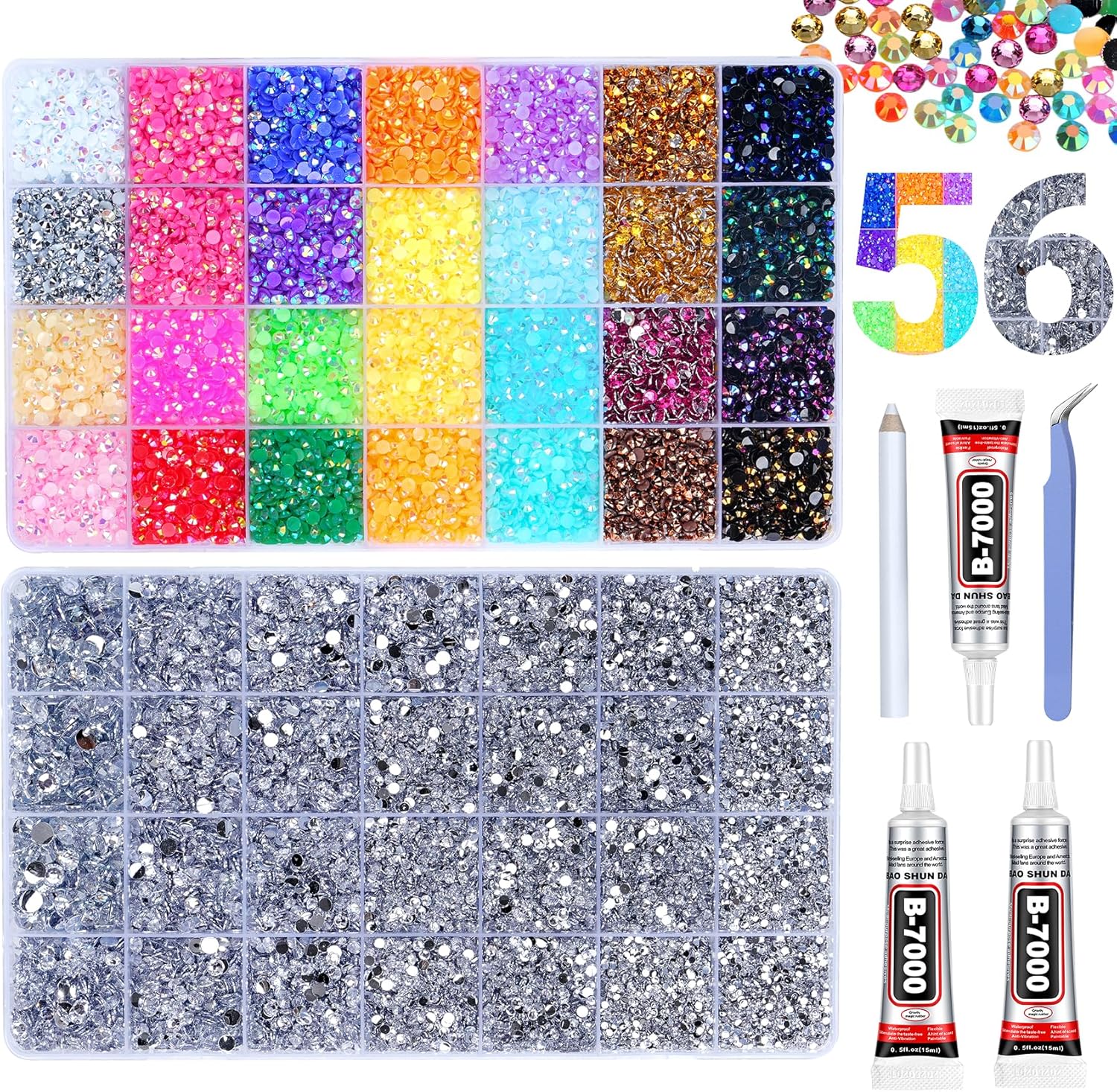 46000Pcs Jelly Rhinestones for Bedazzling, 2 Boxes Multicolor 4mm & Silver Clear 2/3/4/5/6mm Resin Flatback Gems for Crafting, Bedazzler Kit with 3Pcs 15ml B7000 Jewelry Glue for Book Clothes Crafts