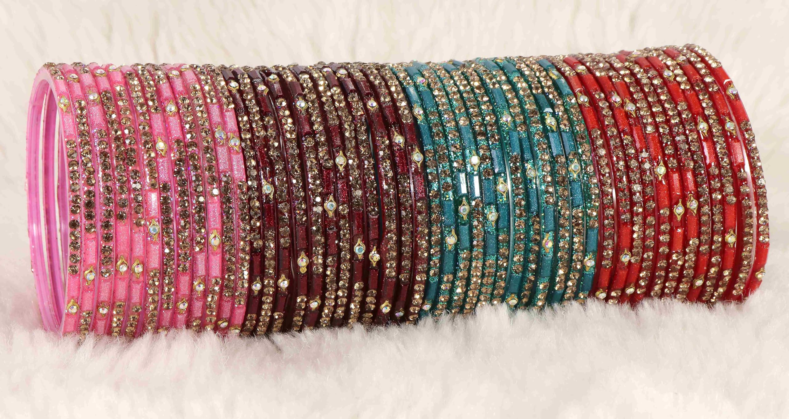Glass Bangles Combo Set with Zircon Stone for Wedding & Party