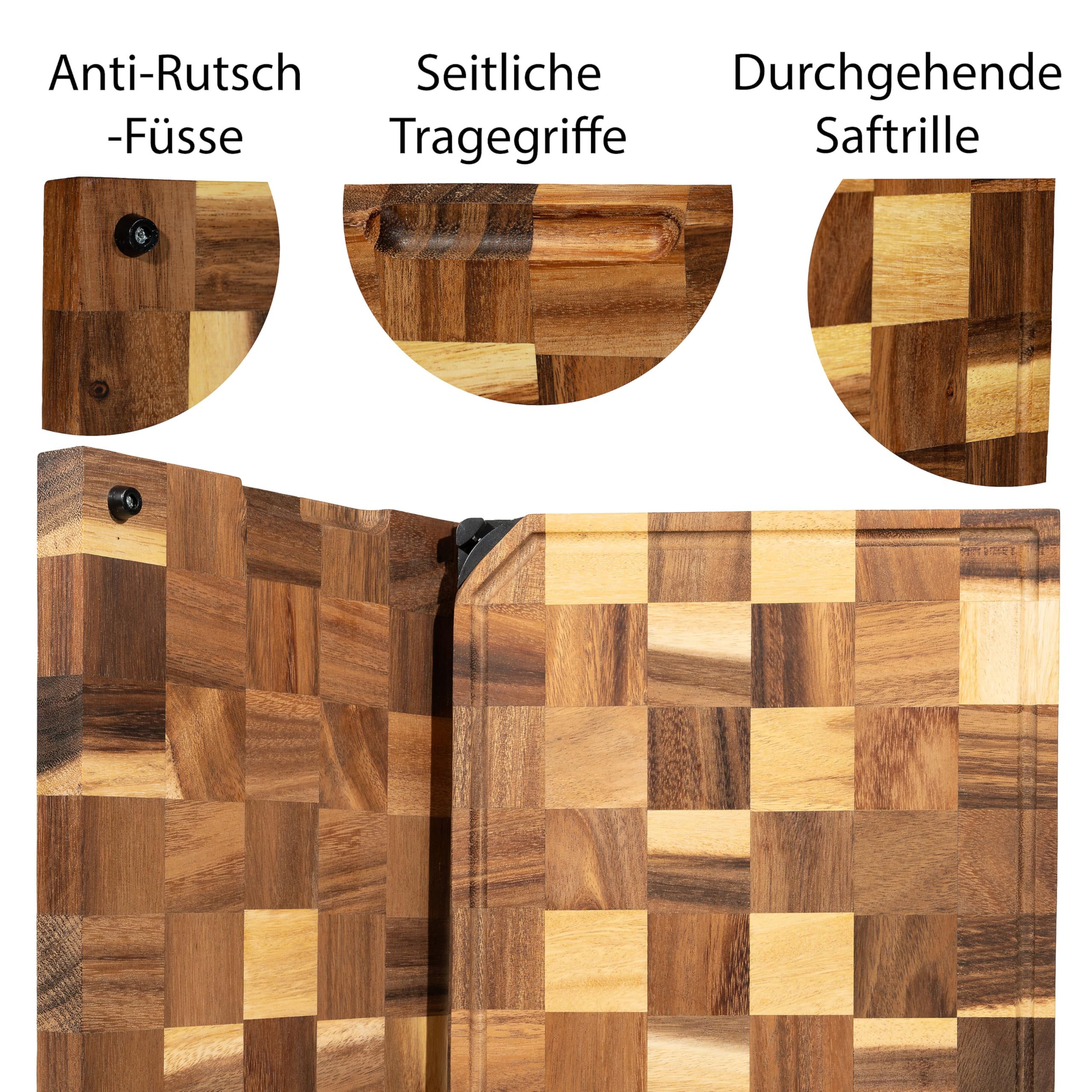 Holzschneidebrett aus massiver Akazie mit integriertem Messerschärfer (45x30x3cm) - Schneidebrett Holz mit einzigartiger Optik durch Stirnholz - Schneidebrett mit durchgehender Saftrille