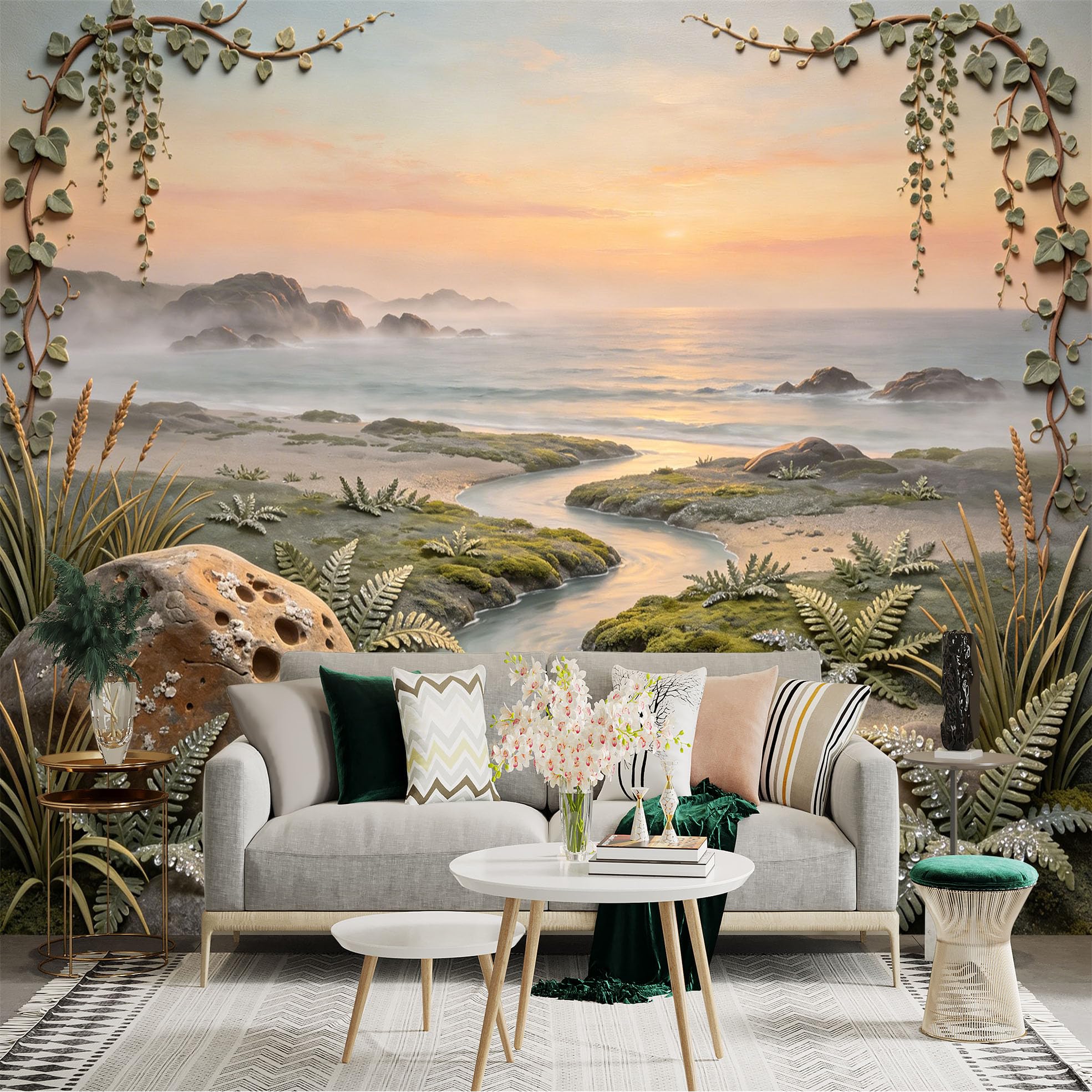 Custom Size Wall Sticker Mural， Coastal Sunset with Stream， Rocks and Ferns， for wall Decoration， peelandstick wall Decals.