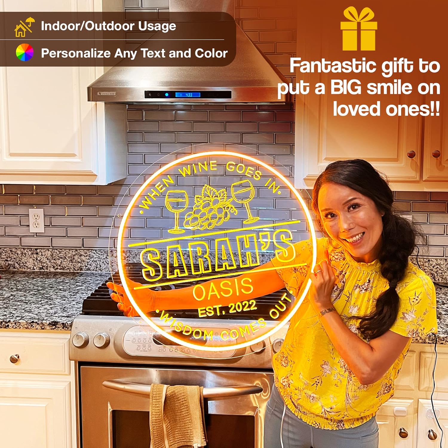 Personalized Wine Glasses Neon Sign for Home Bars- Custom bar signs LED Lighted ManCave, Shelves Gift Lovers, Mother 24'' Round