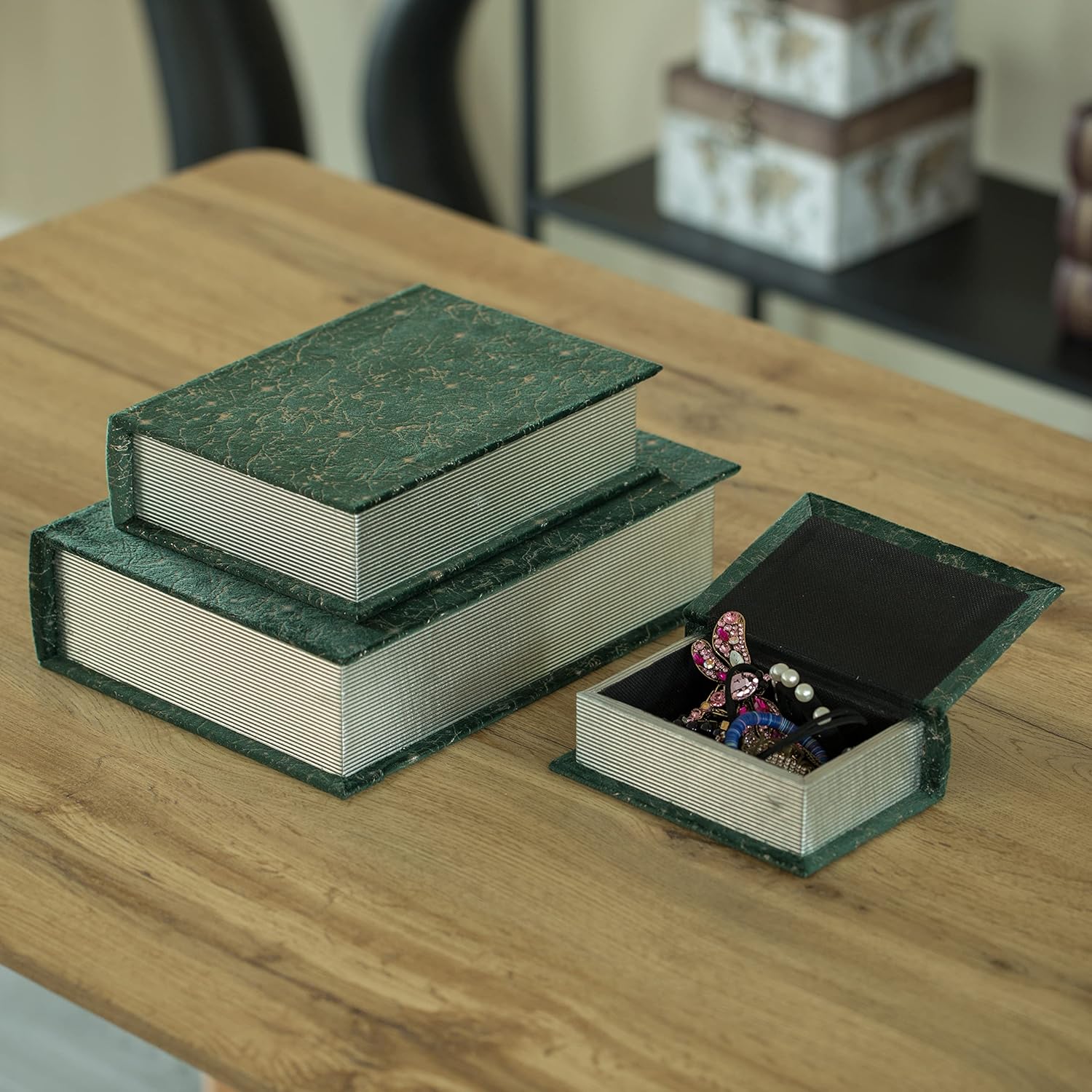 Green Set of 3 Velvet Vintage Storage Wooden Antique Classic Decorative Book Box Holder : Home & Kitchen