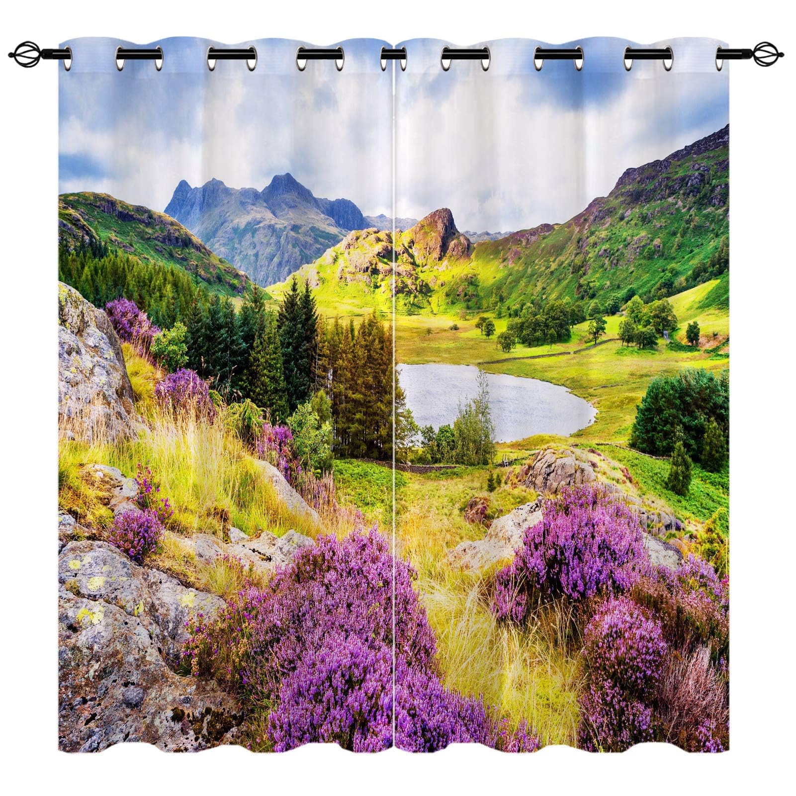 YUANZU Landscape Curtains - Natural Woodland Lake Flowers Scenery Print Pattern Eyelet Blackout Fabric Thermal Insulated Room Darkening Window Drapes for Bedroom Living Room 2 Panels W132cm x D213cm โ image 1