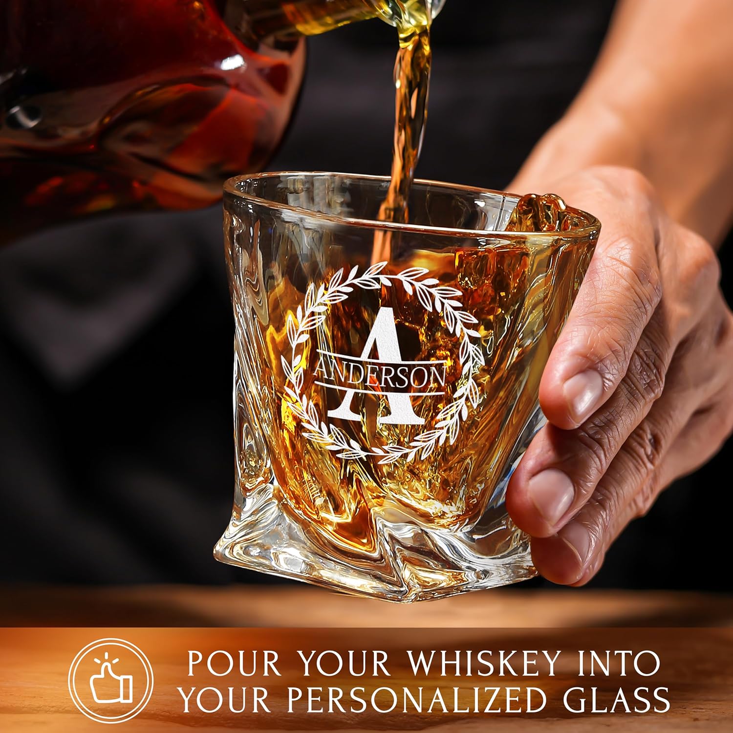 Personalized Whiskey Decanter and Stones Set - Customized Gift for Him - Men, Dad, Father - Engraved Twisted Decanter,2 Twisted Glasses, 2 XL Chilling Balls, Coasters, Tongs in Wooden Gift Box