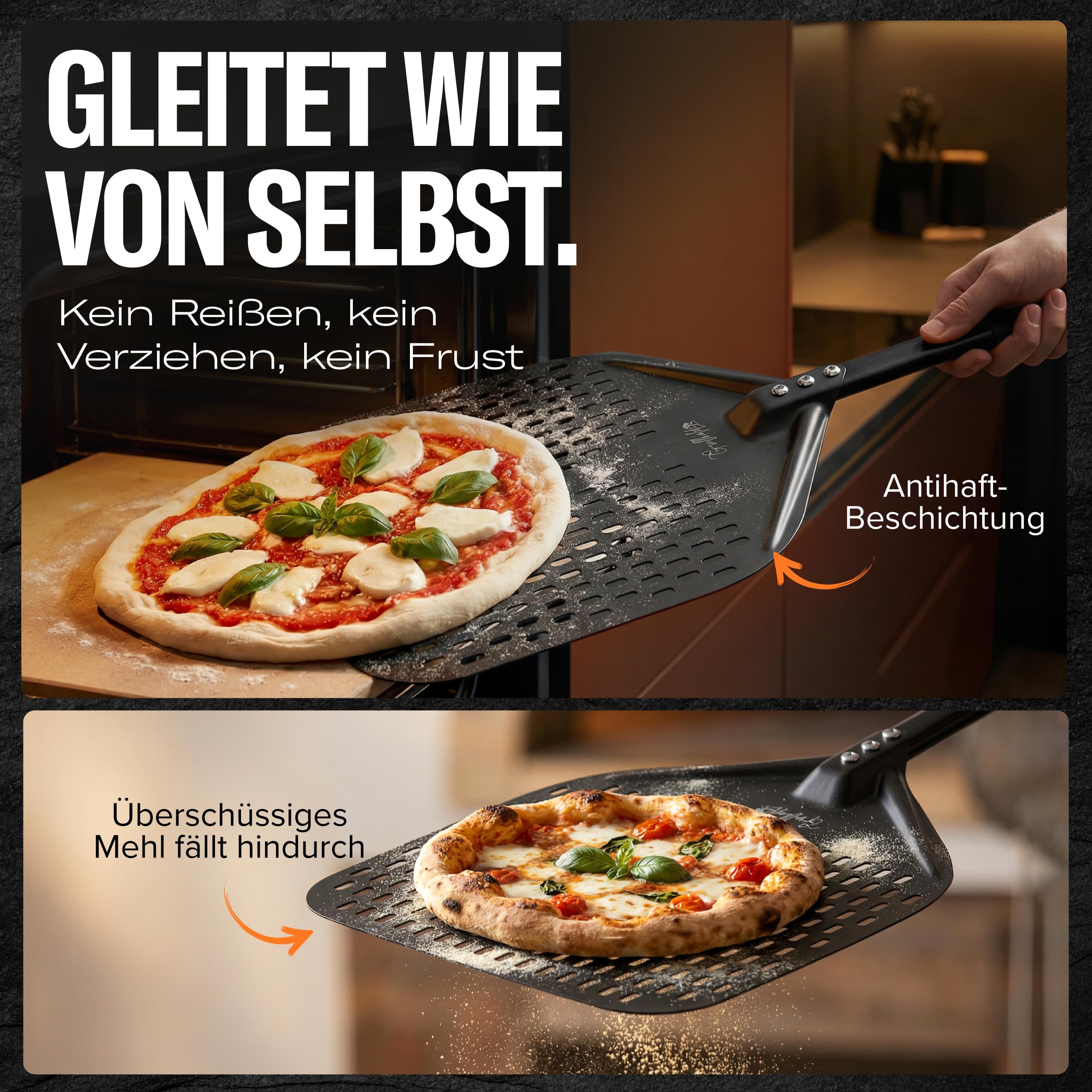 Pizzaschieber Set mit Pizzaschneider - großer perforierter Pizzaschieber mit Antihaft-Beschichtung - Pizzamesser Wiegemesser mit Holzgriff - Pizza Zubehör für Backofen und Pizzaofen