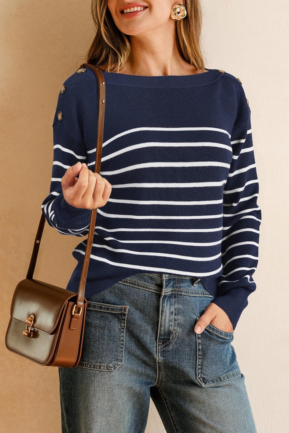 Arach&Cloz Women's Wool Blend Striped Boat Neck Fall Dressy Casual Sweater Tops 2025 - Image 3
