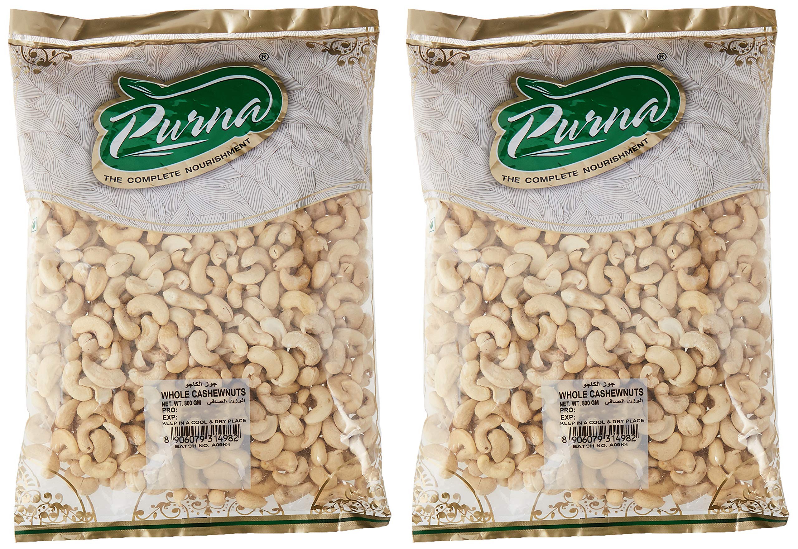Purna Cashew Nut Whole - 800 Gm + (Pack Of 2)