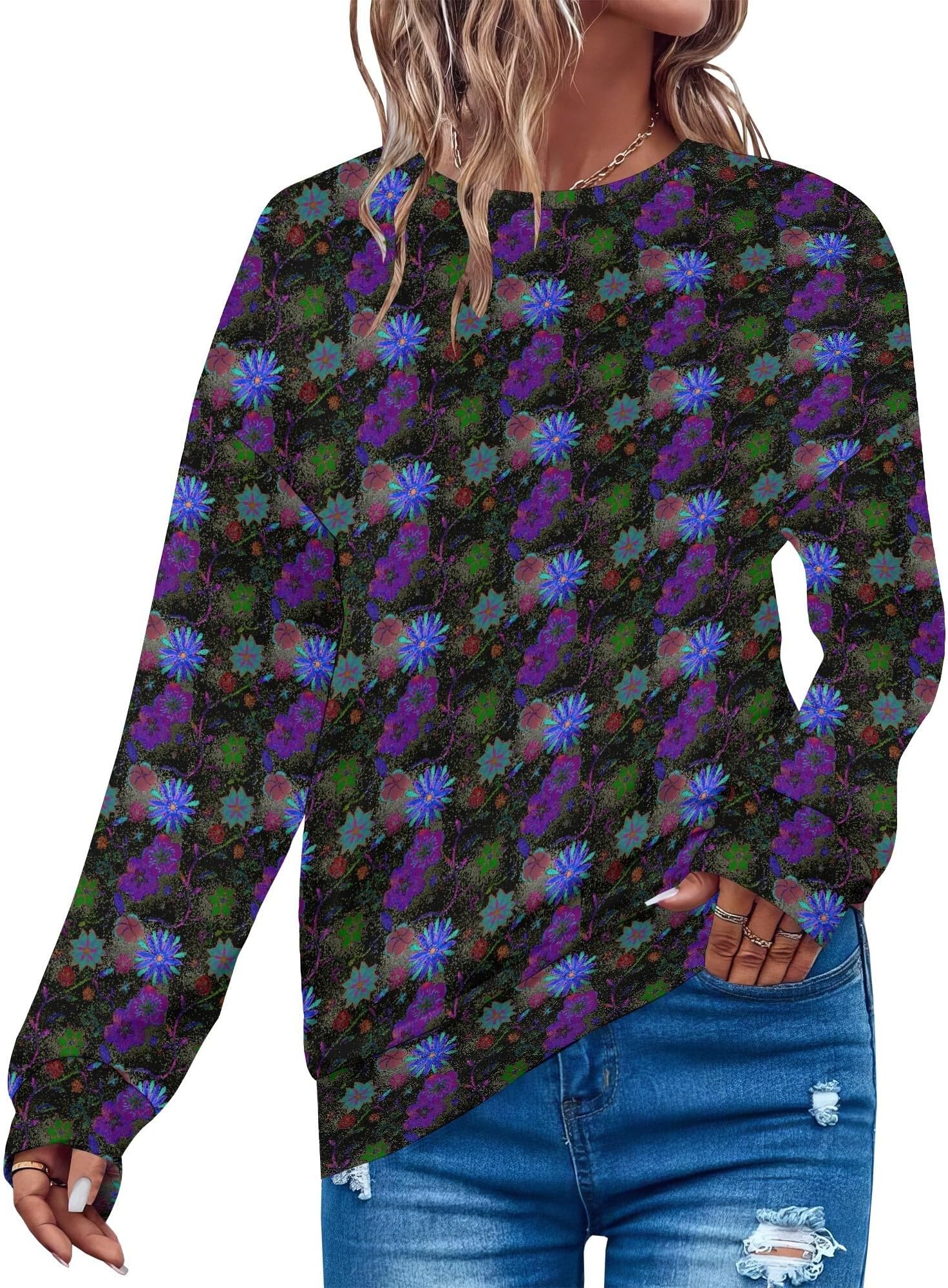 - Floral Sweatshirt Long Sleeve Crewneck Pullover Fall Cute Trendy Comfy Qutfits Oversized Casual Clothing For Women