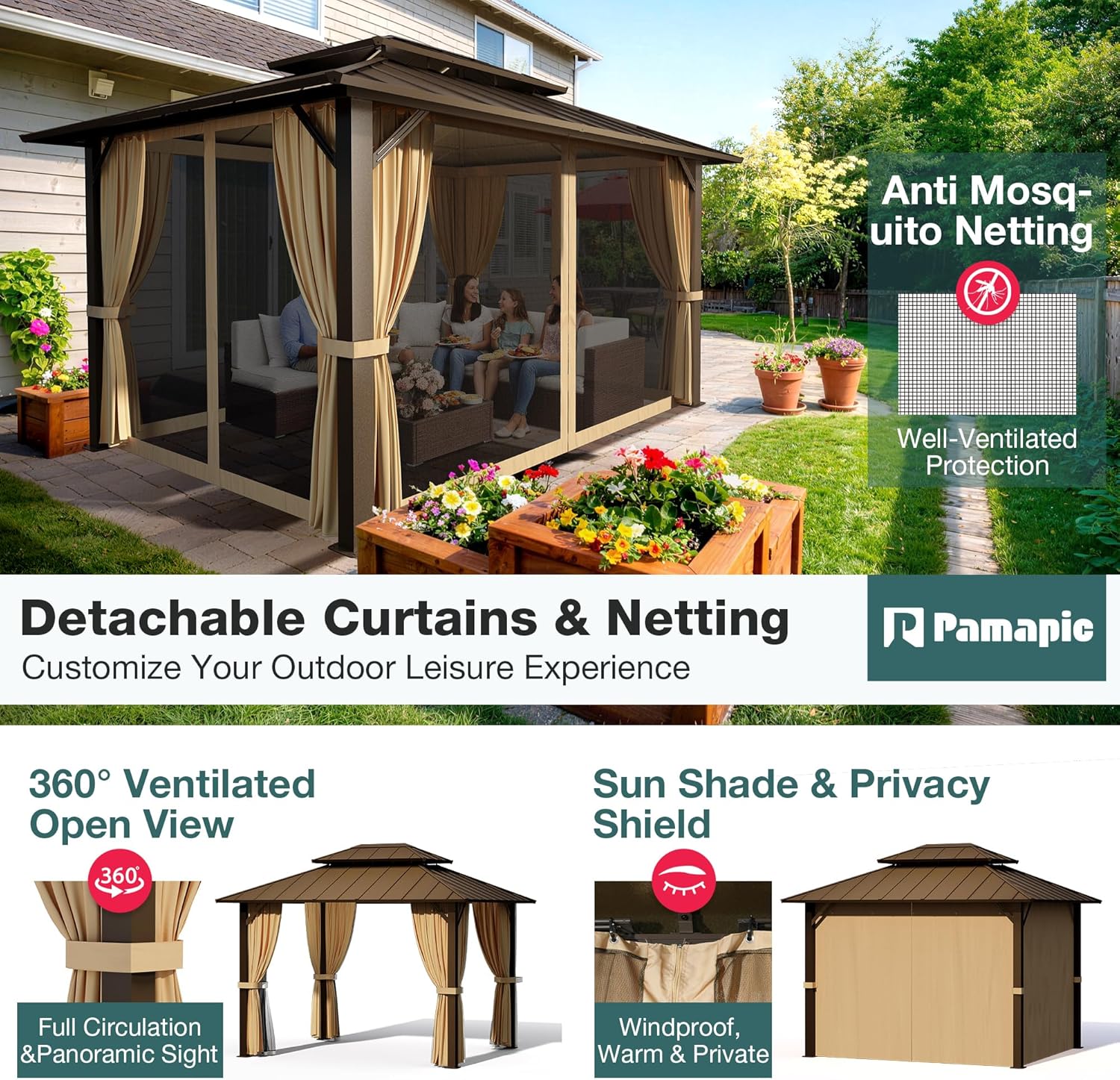 PAMAPIC 10x12FT Hardtop Gazebo,Galvanized Steel Double Roof Gazebo,Outdoor Permanent Pavilion with Breathable Netting & Privacy Curtain for Patio,Backyard,Deck,Lawn,Brown