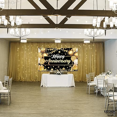 Miniatura 6 de KatchOn, Cartel de feliz aniversario negro y dorado, XL, 72 x 44 pulgadas, telón de fondo de feliz aniversario, decoraciones de feliz aniversario