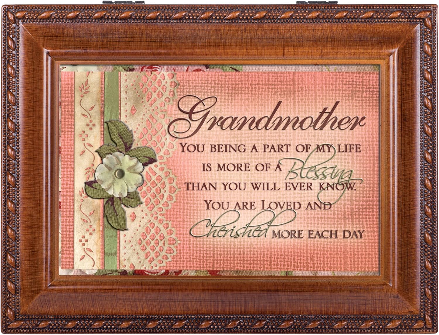 Cottage Garden Grandmother Part of My Life Woodgrain Rope Trim Jewelry Music Box Plays Wonderful World