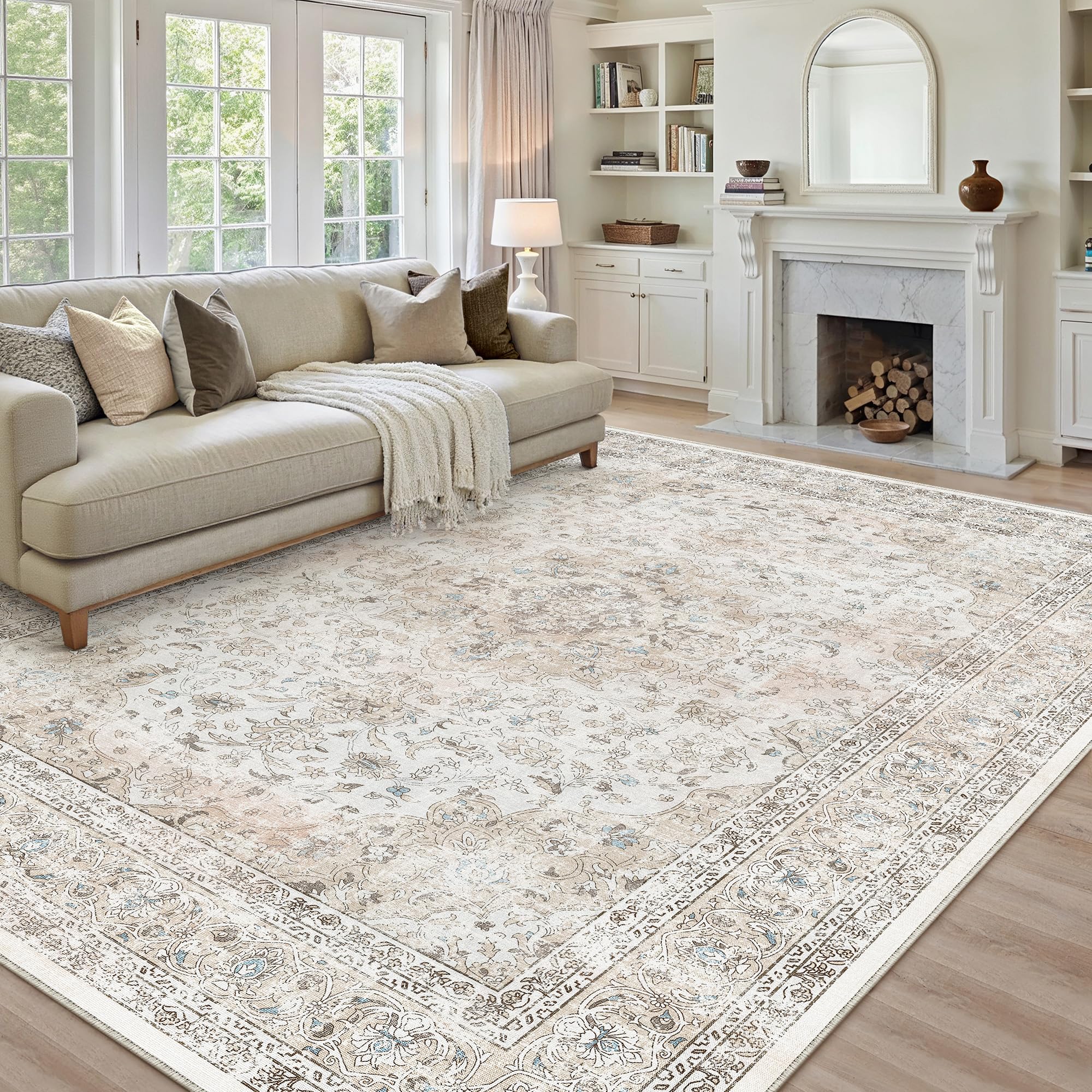 PureCozy Teppich Wohnzimmer 200x300cm Beige Waschbarer Vintage Cream Wohnzimmerteppich kurzflor rutschfest Weich Groß Retro Carpet für Schlafzimmer Esszimmer Bedroom Living Room Büro