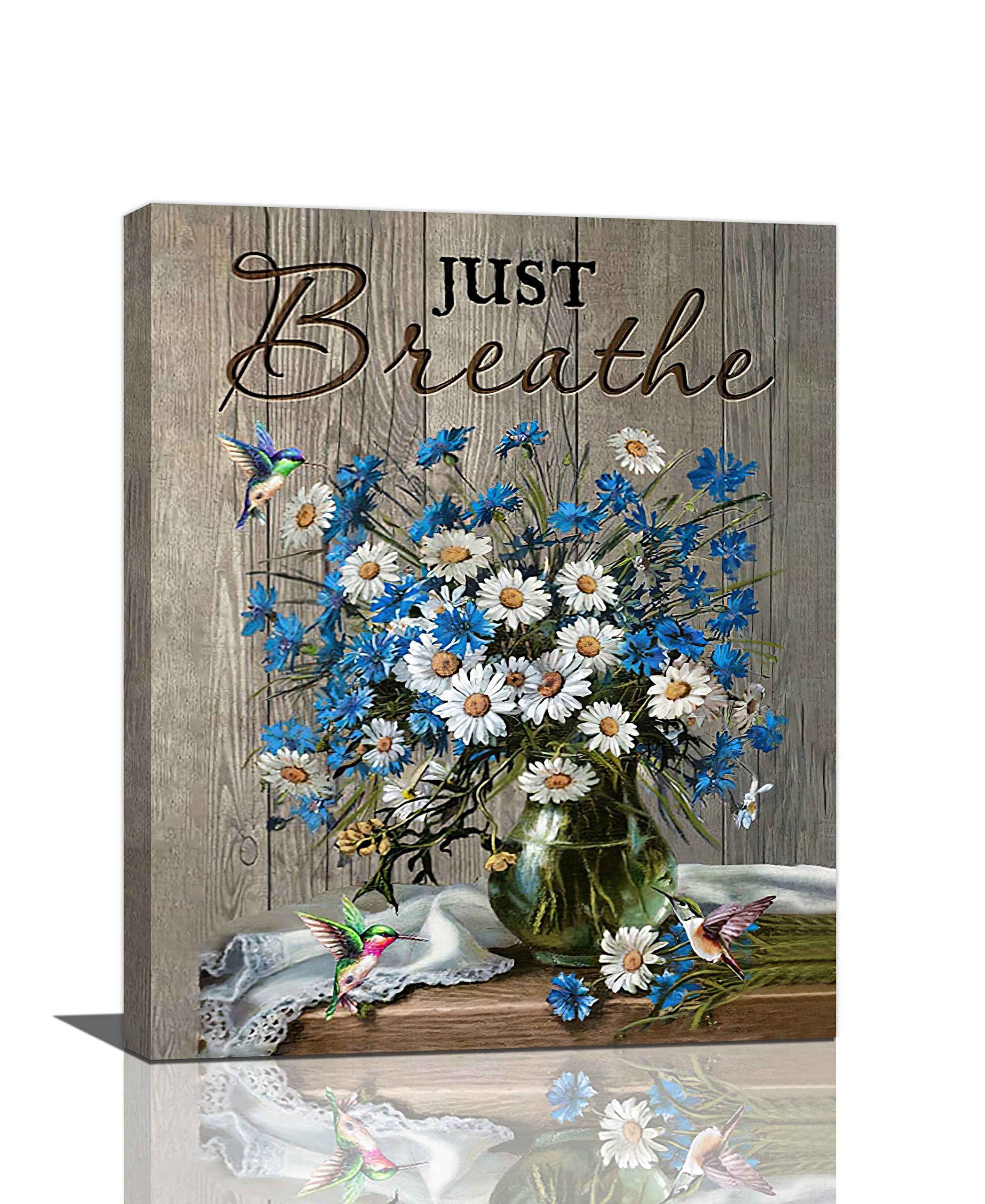LMYSXAOZ Daisy Decor Wall Art Rustic Farmhouse Daisies Hummingbird Pictures Country Just Breathe Canvas Prints Artwork Paintings Home Office Decorations For Kitchen Bathroom 16"x20"