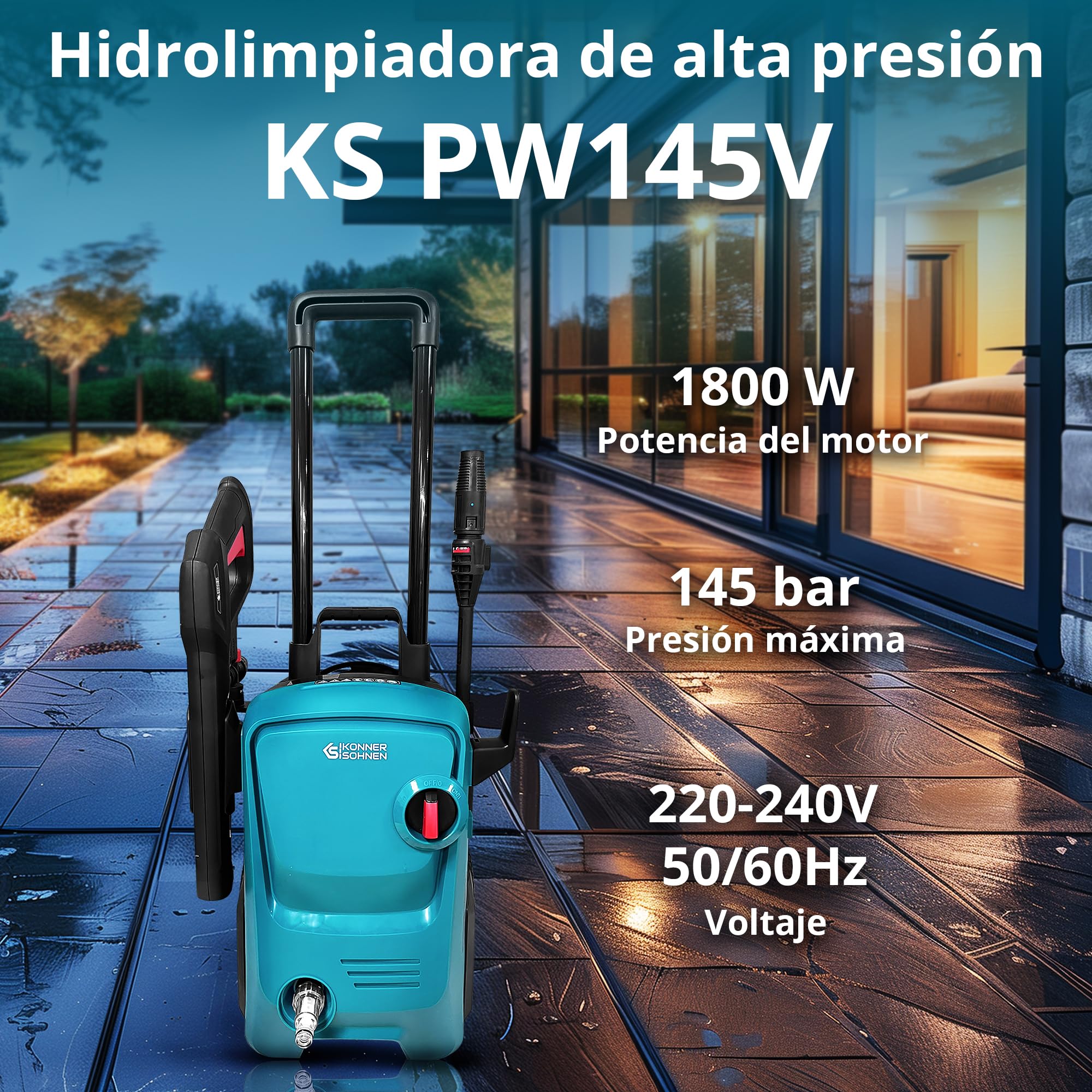 Könner & Söhnen KS PW145V limpiadora de Alta presión 1800 W, presión de Trabajo 100-145 Bar, Manguera de Alta presión de 7 m, Sistema de Arranque/Parada automático, enrollador de Manguera