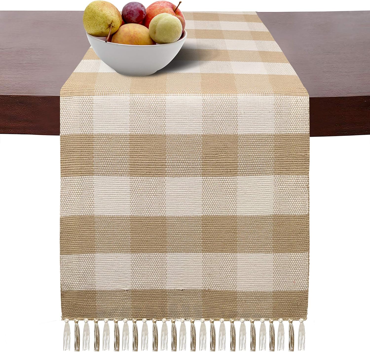 Cotton Clinic Gingham Buffalo Check Table Runner Farmhouse Style 72 Inch, 14x72 Wedding Table Runner Fringes, Rustic Bridal Shower Decor Dining Table Runner Beige White