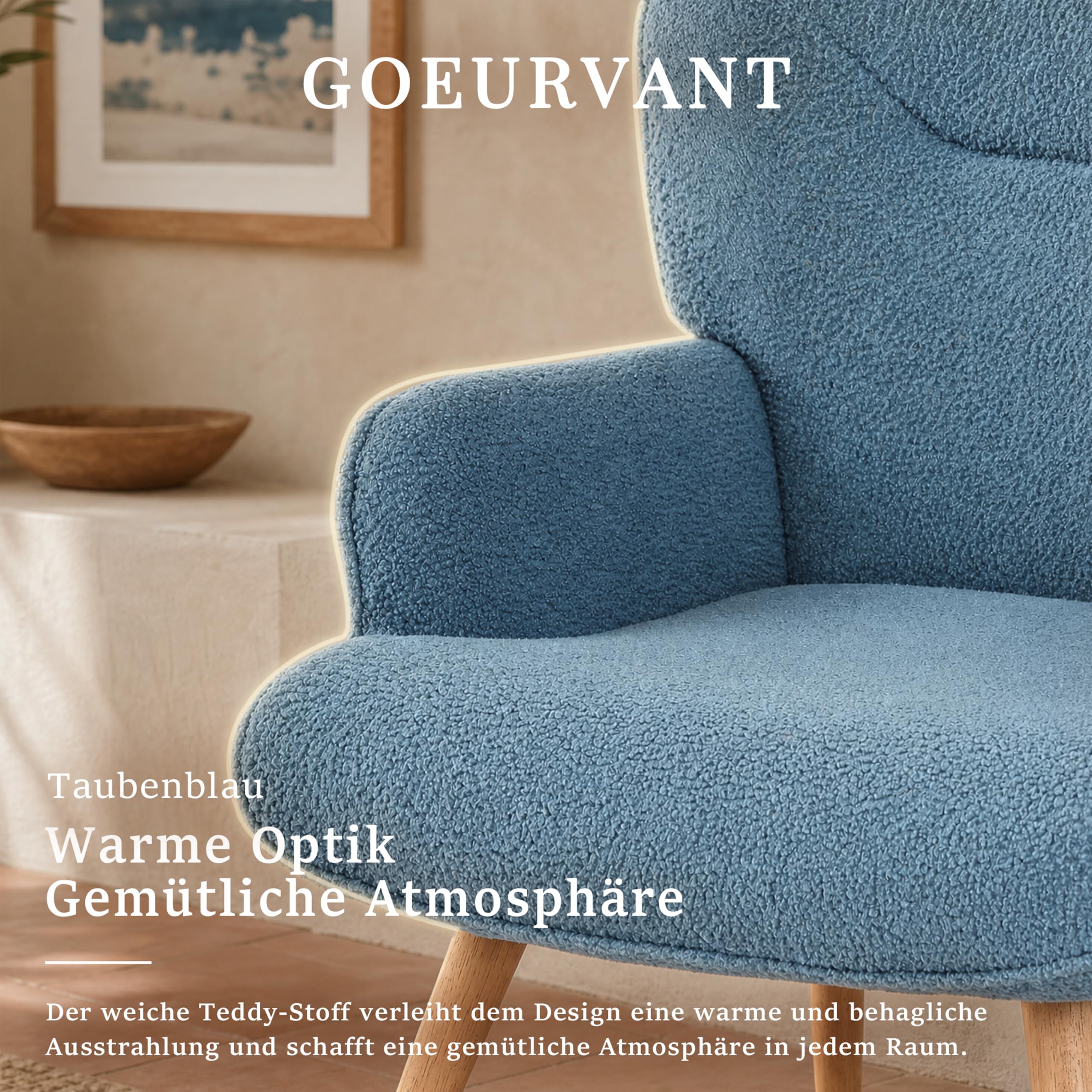 Ohrensessel Sessel Wohnzimmer mit Hocker, Skandinavischer Stil Relaxsessel Polstersessel mit Hoher Rückenlehne Loungesessel aus Teddy-Stoff, Taubenblau