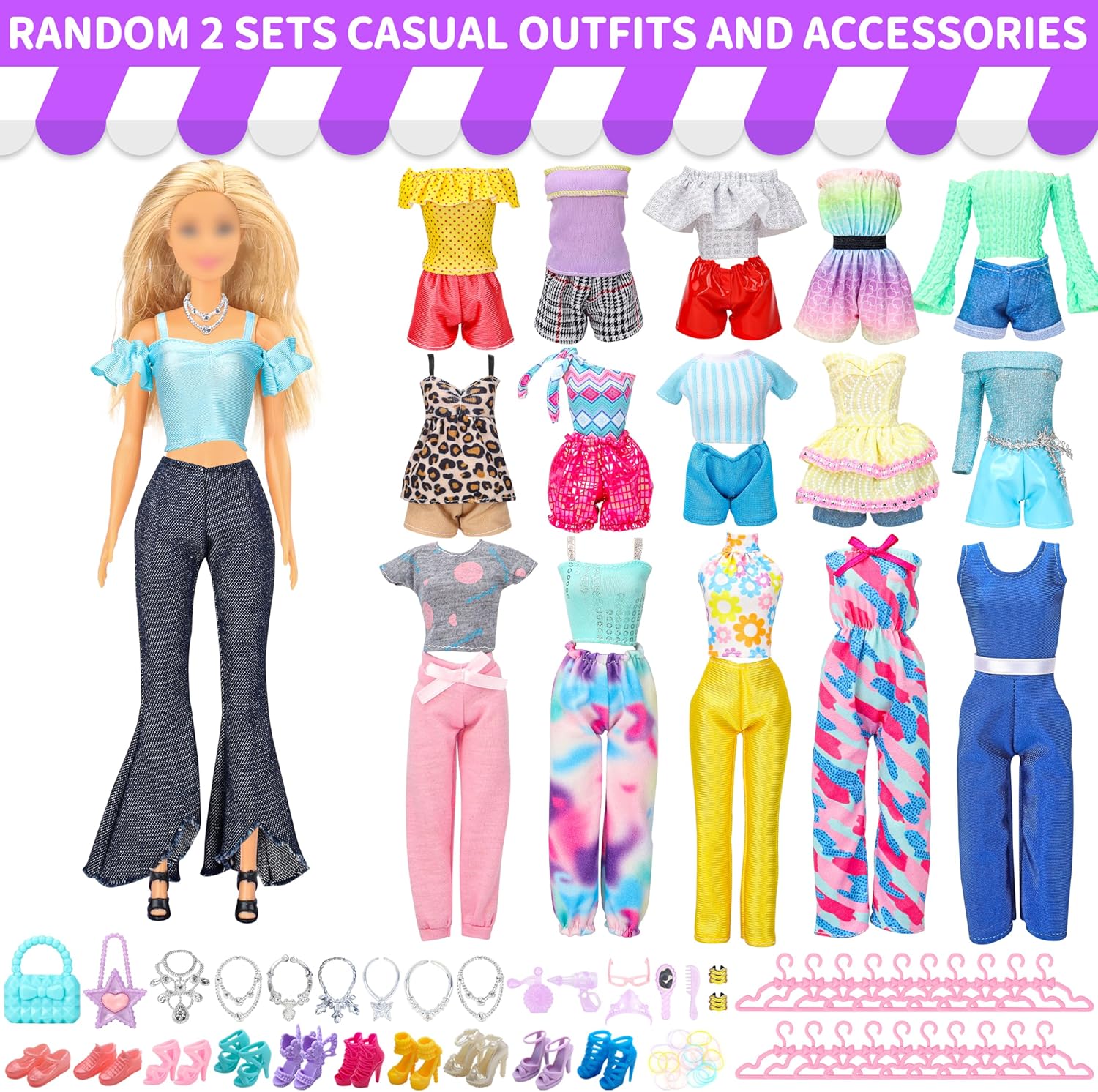 Style Shine 70 Pcs Doll Clothes and Accessories,2 Wedding Gown 6 Fashion Dresses 2 Set Casual Outfits 1 Top 1 Pant Bikini 1 Swimsuit,20 Hanger 10 Shoe 27 Accessories Toys for Girls Kids Gift