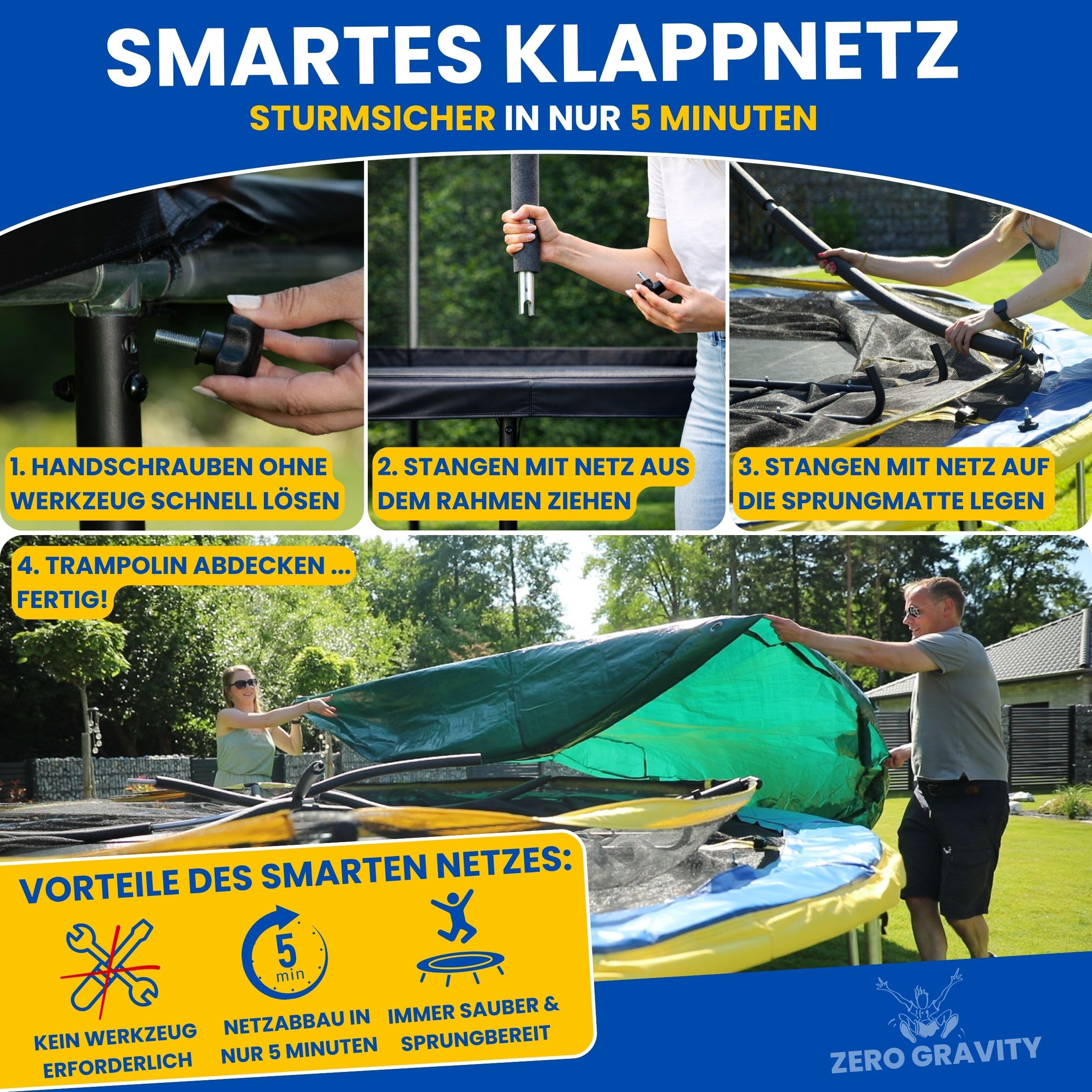 Zero Gravity Trampolin Outdoor Ø 183/244/305/366/427 cm, TÜV GS, Smartes Klappnetz für schnellen Auf- und Abbau, Outdoor Trampolin Komplett-Set inkl. Leiter, Aufbauvideo, Ultima 4 Modelle