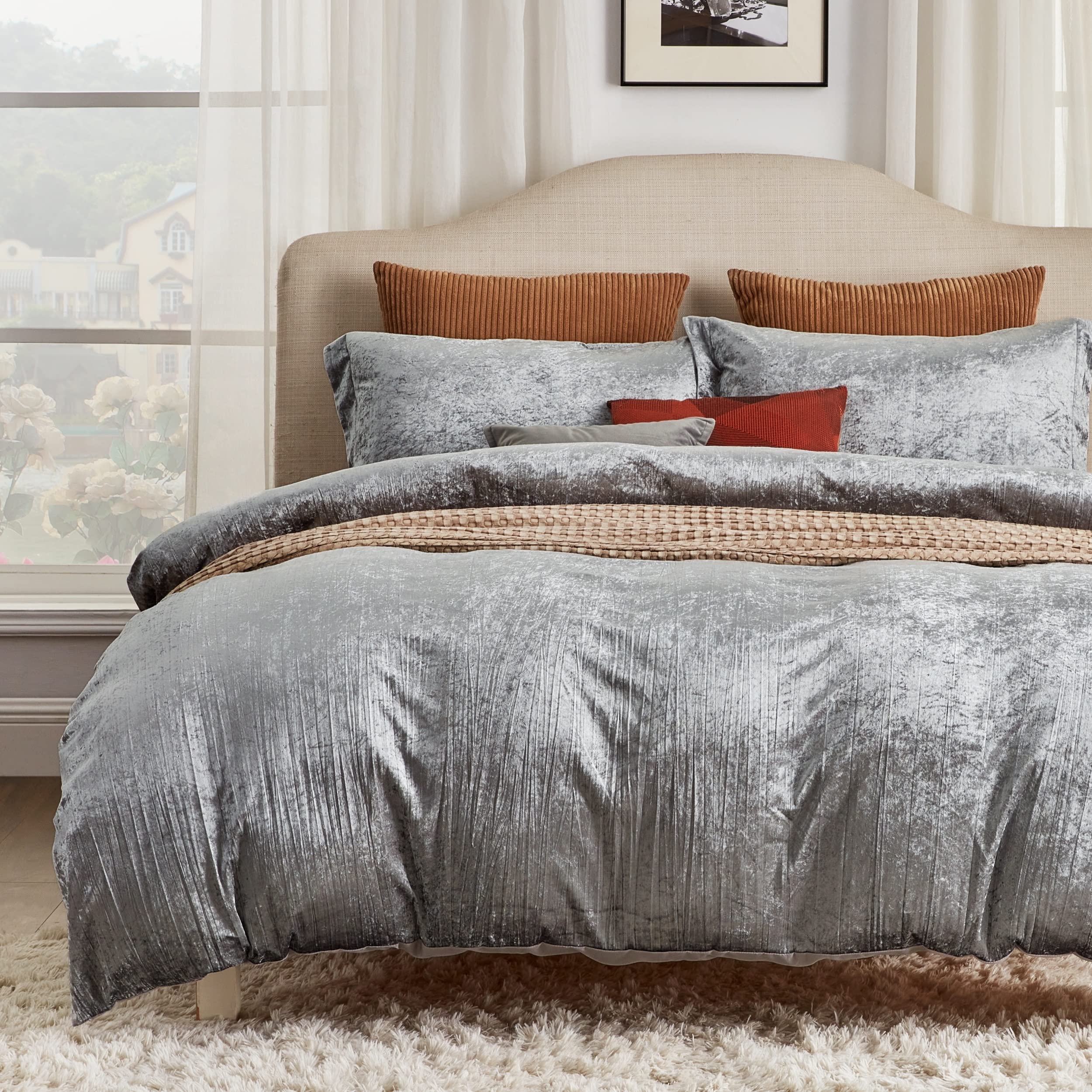 BEDSURE Velvet Duvet Cover King - Luxurious, Boho, Glossy King Size Duvet Cover Set, Grey Duvet Cover King Size with 2 Pillow Shams (Silver Grey, King, 104 × 90 inches)