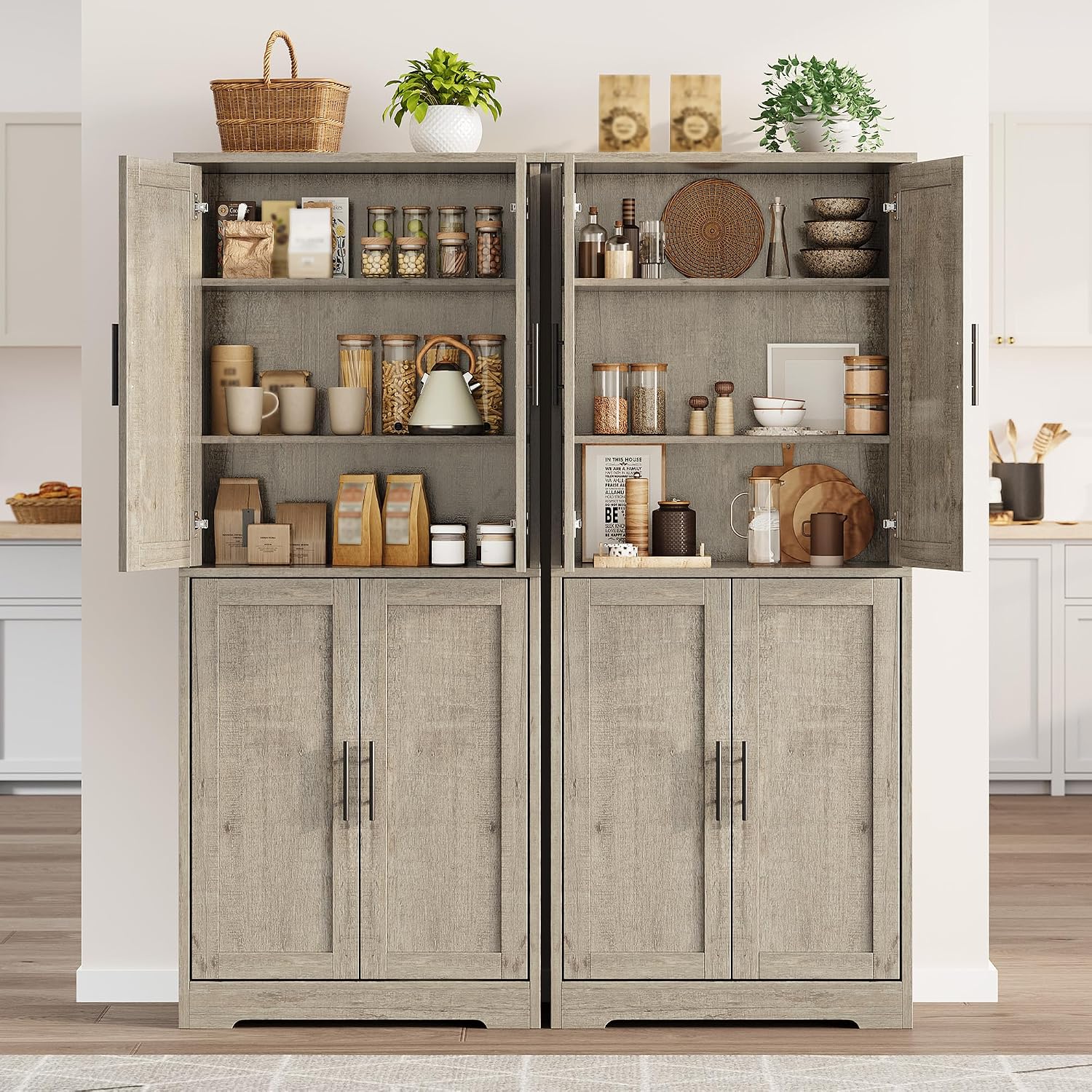 70" Tall Kitchen Pantry,Farmhouse Storage Cabinet with Adjustable Shelves,Farmhouse Pantry Cabinet with 4 Barn Doors, for Kitchen,Dining Room,Living Room.Grey.