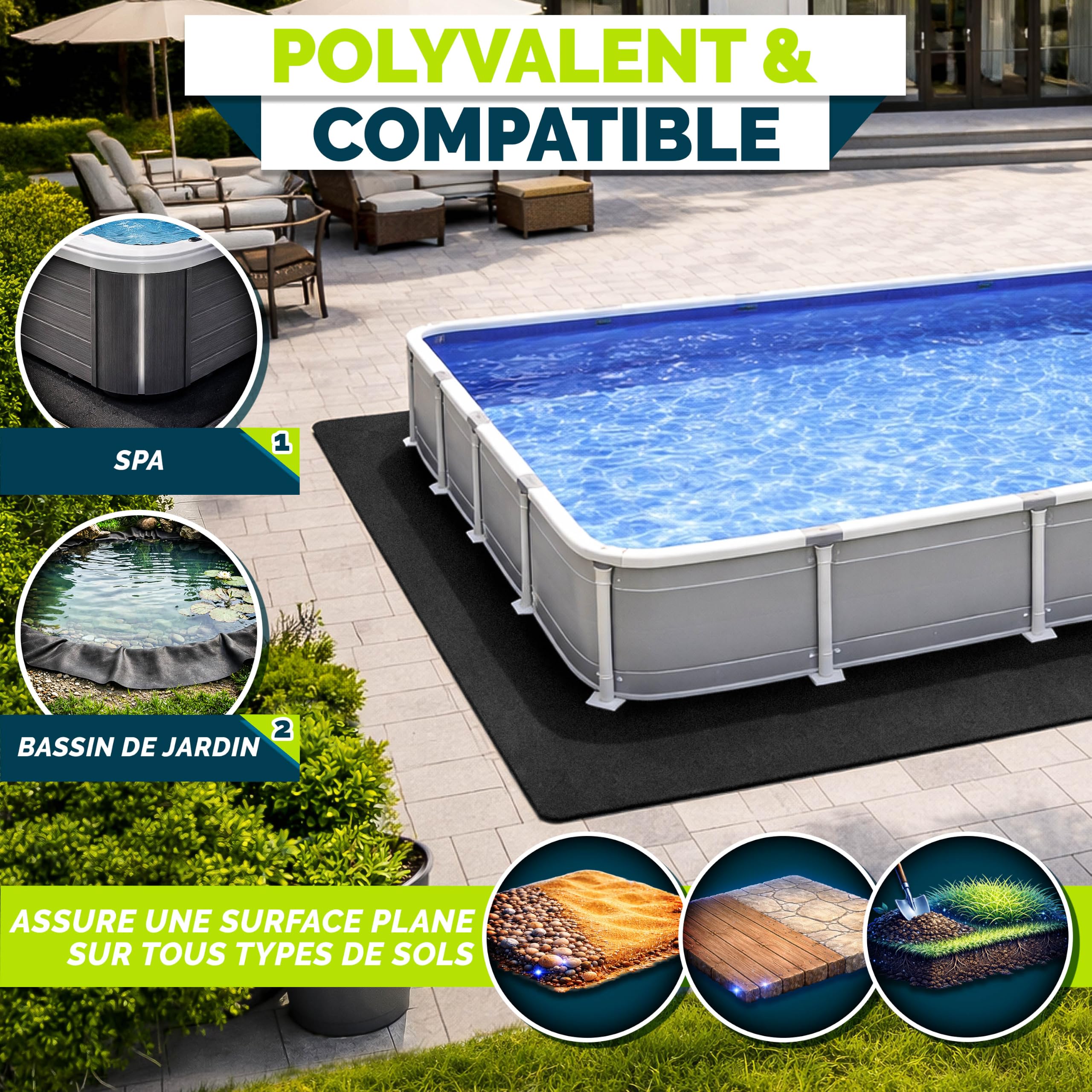tillvex® Tapis de piscine rectangulaire de qualité supérieure - 480 x 250 cm - Géotextile 400 g/m² - Bâche de sol pour piscines jusqu'à 450 x 220 cm - Toison de protection de sol découpable