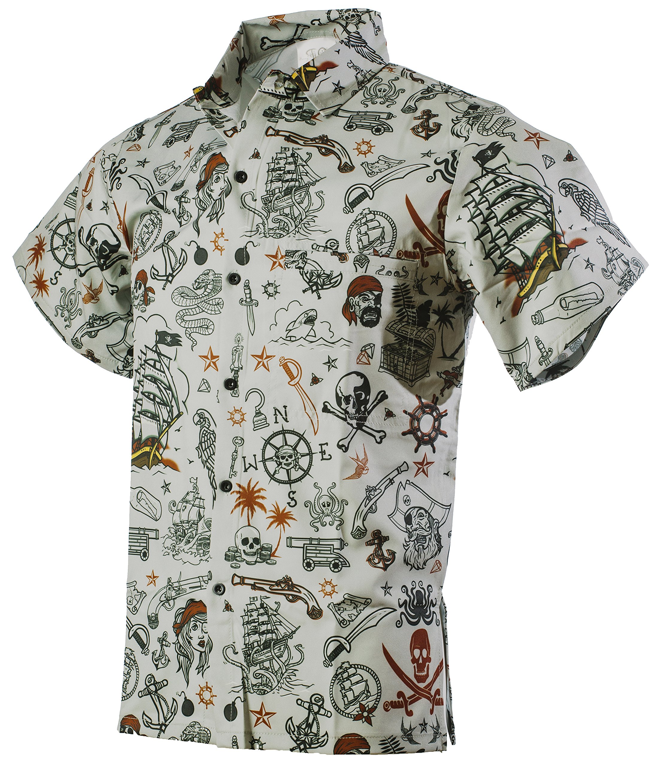 Funny Guy MugsMen's Seasonal Hawaiian Print Button Down Short Sleeve Shirt