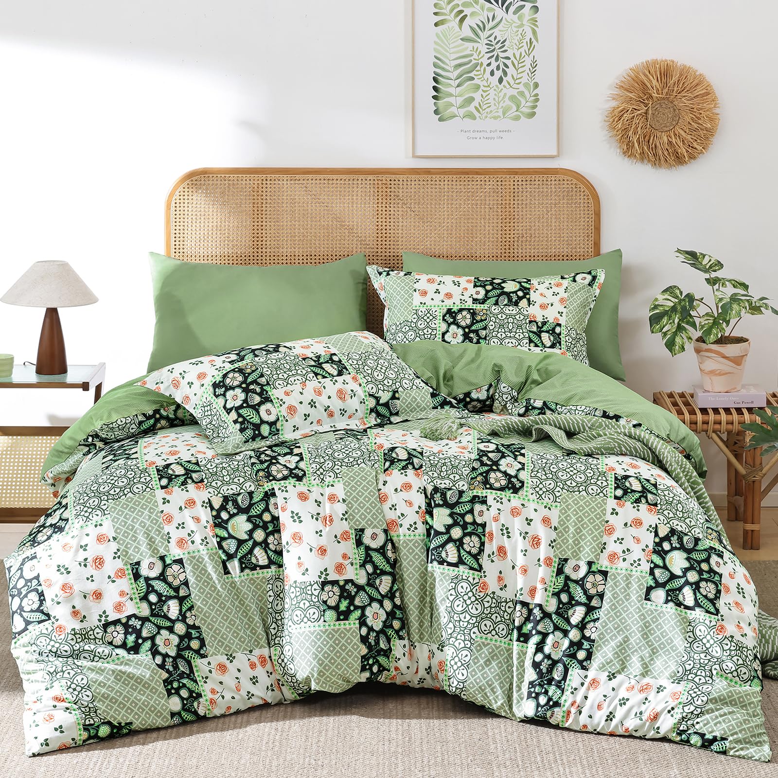 DJY Floral Duvet Cover Set King Size - 3-Piece Green Bedding Set - Wrinkle-Resistant & Breathable Design with Hidden Zipper (King, 220x230cm)