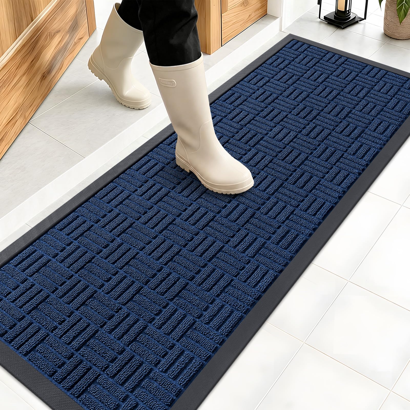 OLANLY Front Door Mat Outside Entrance 47x17, Absorbent, Heavy Duty Sturdy Natural Rubber Doormat Indoor Outdoor, Non-Slip, Stain and Fade Resistant, Low Profile Floor Mat for Entryway, Navy Blue