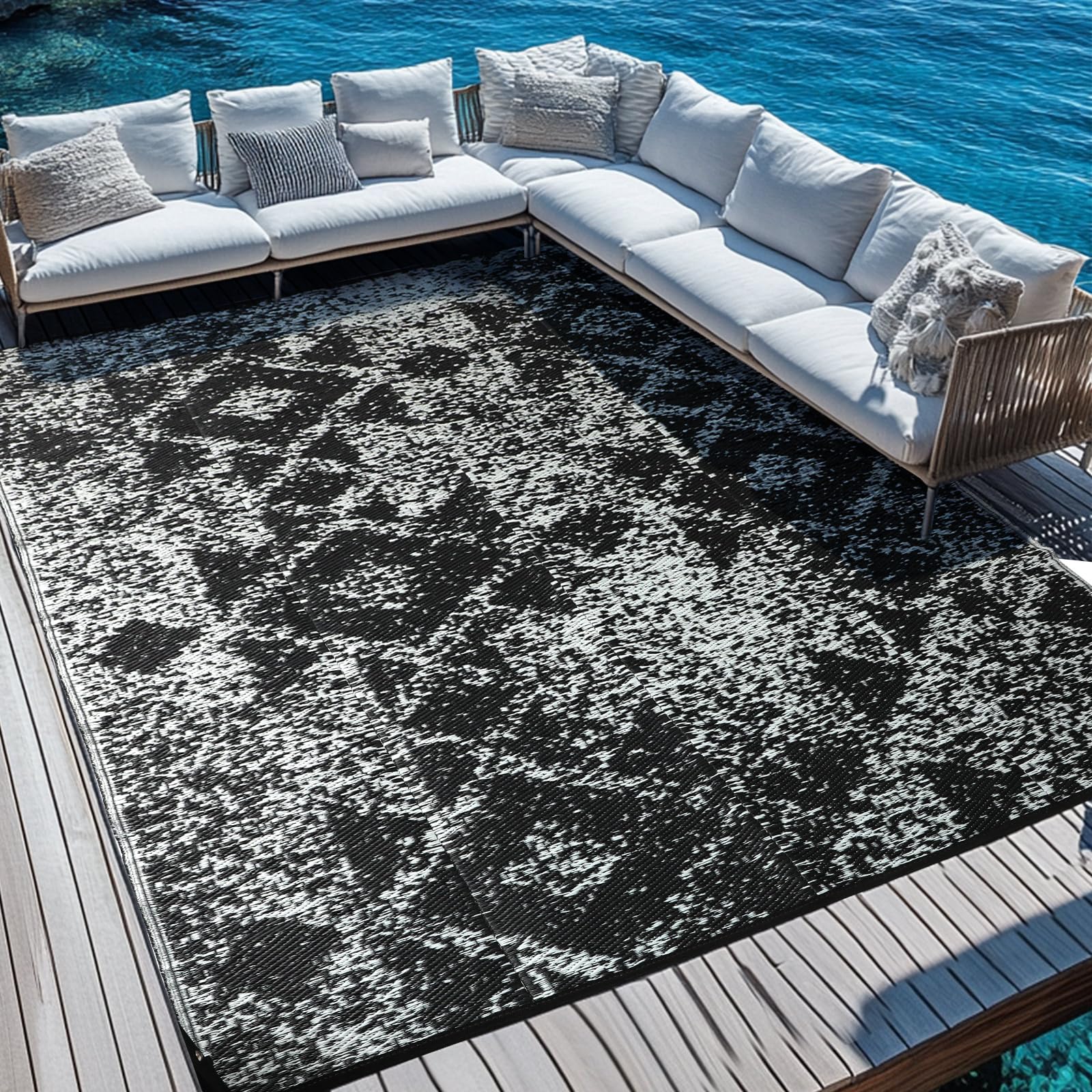 Tapis d'extérieur imperméable de 2,7 x 3,7 m – Tapis réversible en Paille en Plastique, Facile à Nettoyer, Tapis Portable pour Patio, Camping-Car, terrasse, Balcon, Jardin, Pique-Nique, Plage