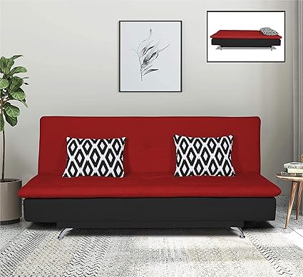 Adorn India Aspen 3 Seater Two Tone Rhombus Sofa Cum Bed (Red) d & Black