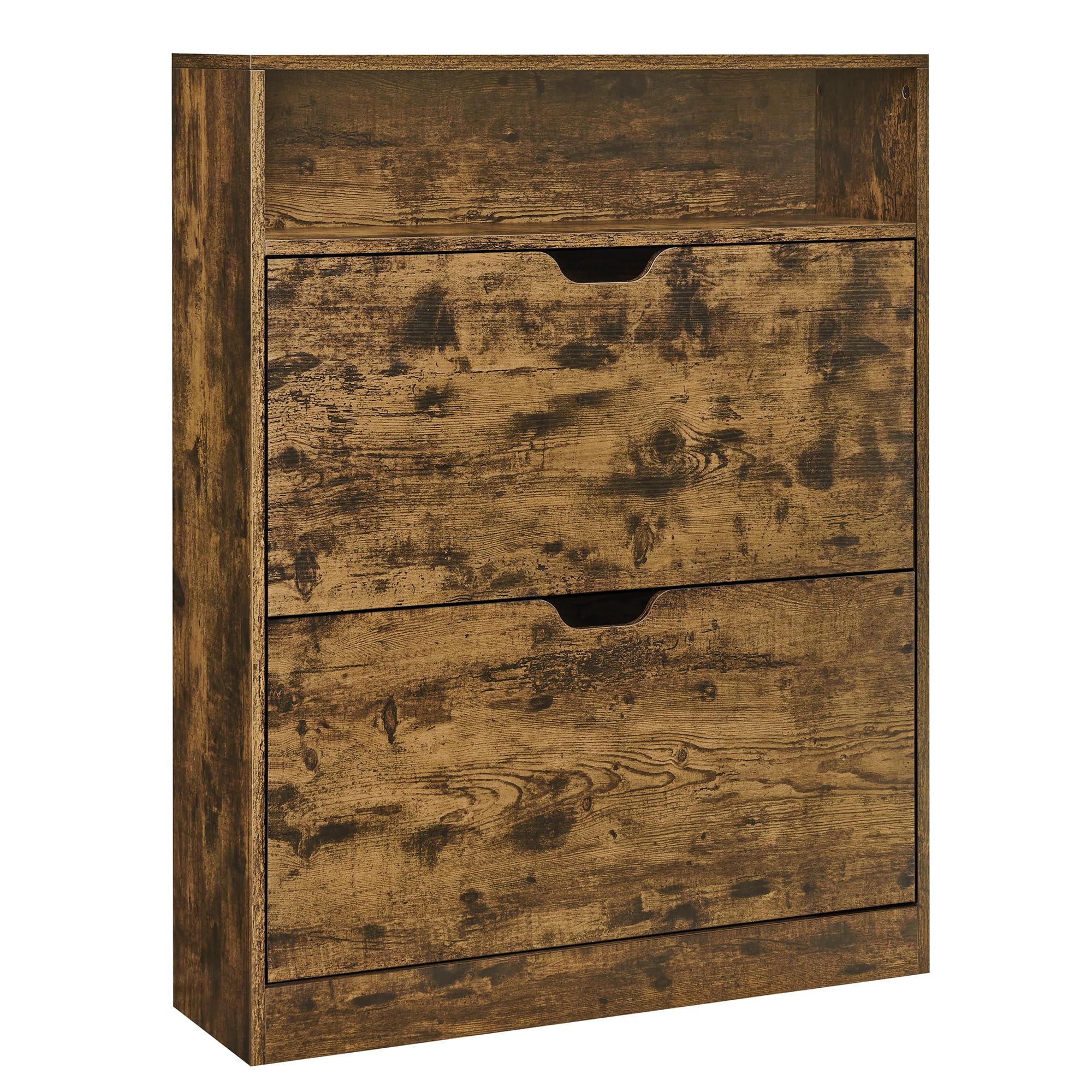 VASAGLE Shoe Cabinet 2 Flip Doors, 3 Tier Shoe Rack, with 1 Open Compartment, Adjustable and Removable Divider, for 11-16 Pairs Shoes, for Narrow Entrance, 24 x 80 x 102 cm, Rustic Brown LBC048B01